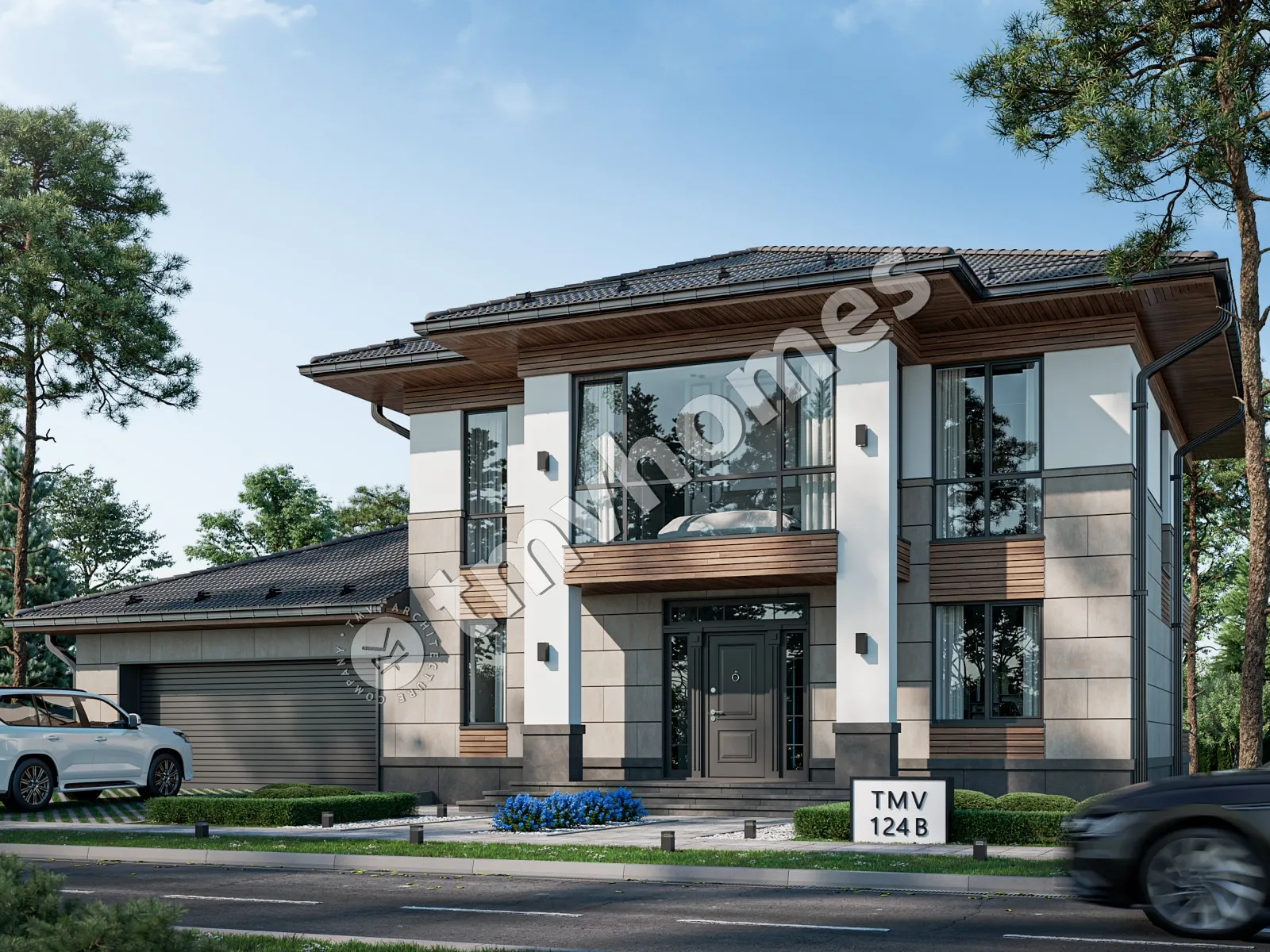 Dviejų aukštų namo projektas 292 m²: 3 Miegamieji, Darbo kambarys, 3 Vonios, Atvira virtuvė, Garažas