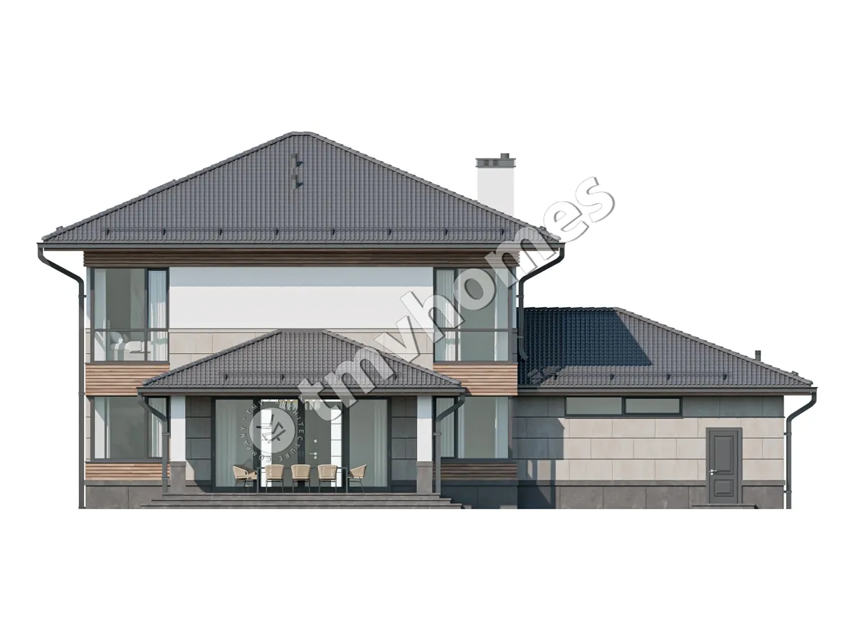 Dviejų aukštų namo projektas 292 m²: 3 Miegamieji, Darbo kambarys, 3 Vonios, Atvira virtuvė, Garažas