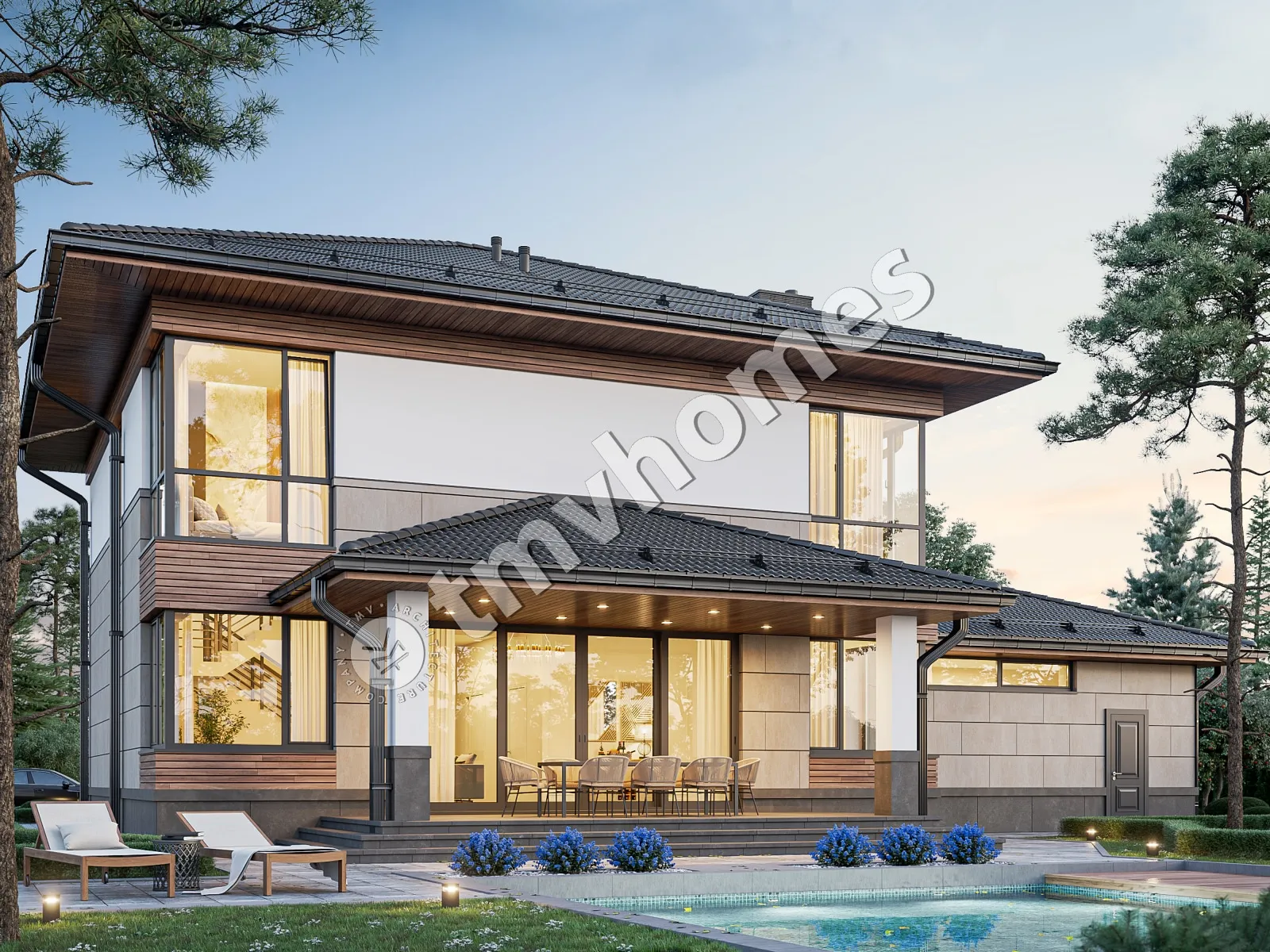 Dviejų aukštų namo projektas 292 m²: 3 Miegamieji, Darbo kambarys, 3 Vonios, Atvira virtuvė, Garažas