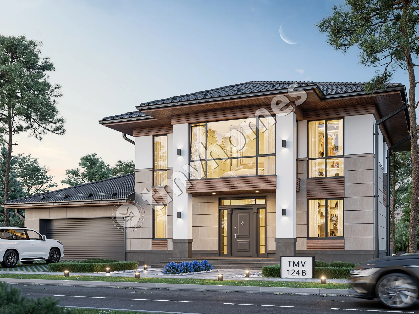 Dviejų aukštų namo projektas 292 m²: 3 Miegamieji, Darbo kambarys, 3 Vonios, Atvira virtuvė, Garažas