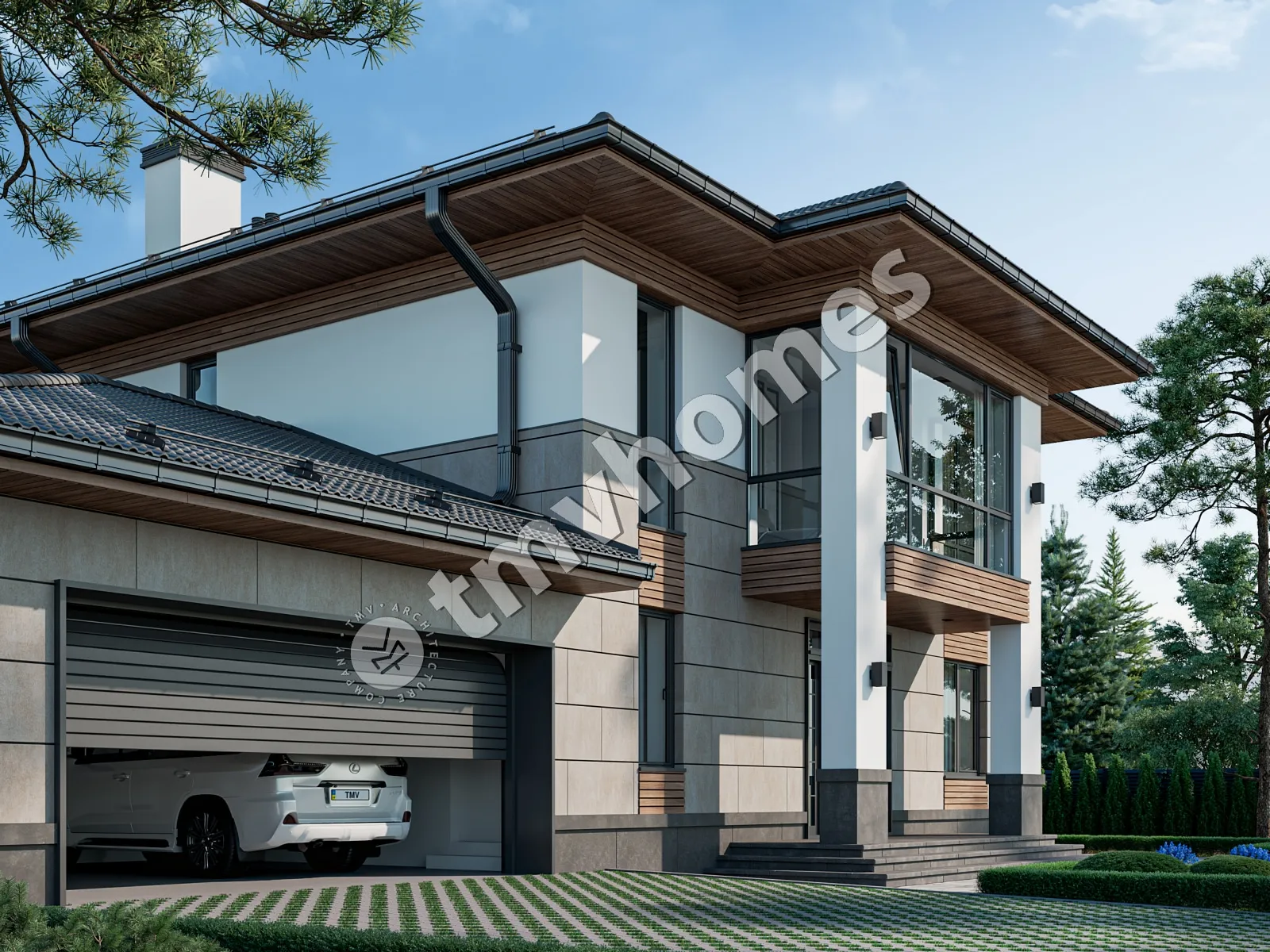 Dviejų aukštų namo projektas 292 m²: 3 Miegamieji, Darbo kambarys, 3 Vonios, Atvira virtuvė, Garažas