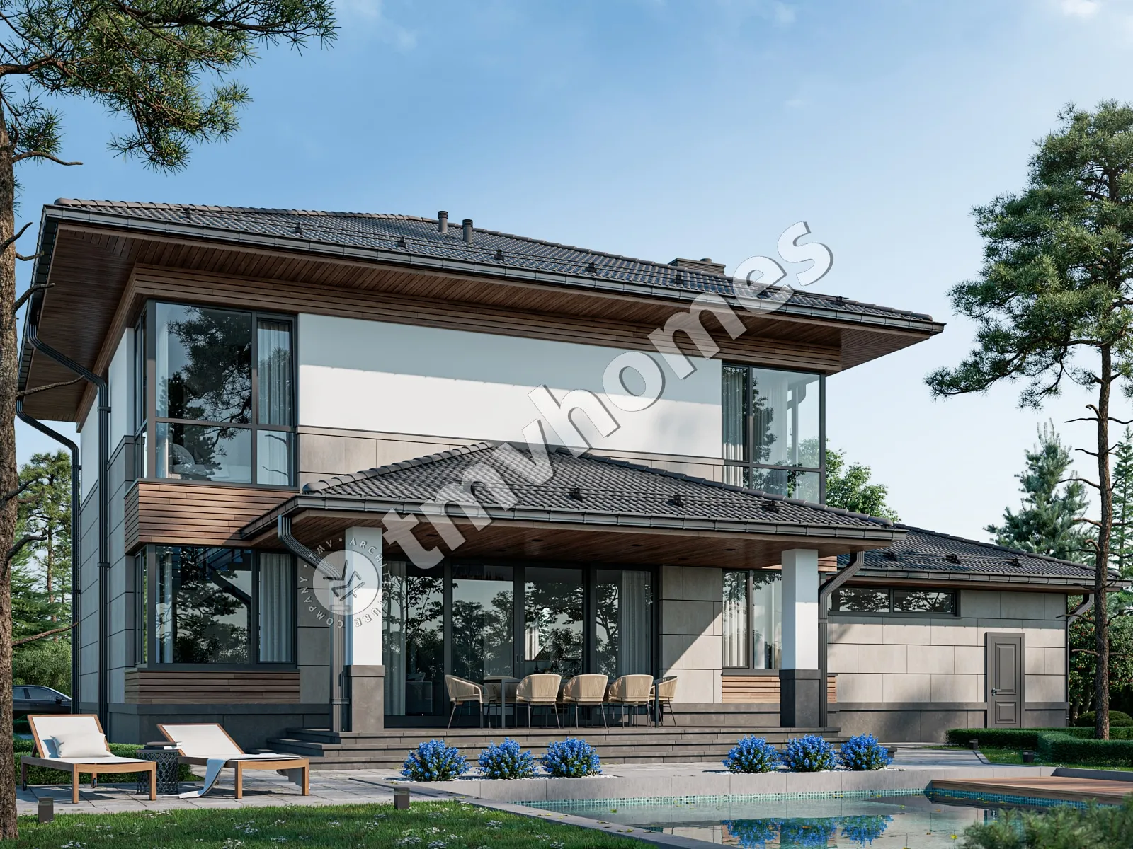 Dviejų aukštų namo projektas 292 m²: 3 Miegamieji, Darbo kambarys, 3 Vonios, Atvira virtuvė, Garažas