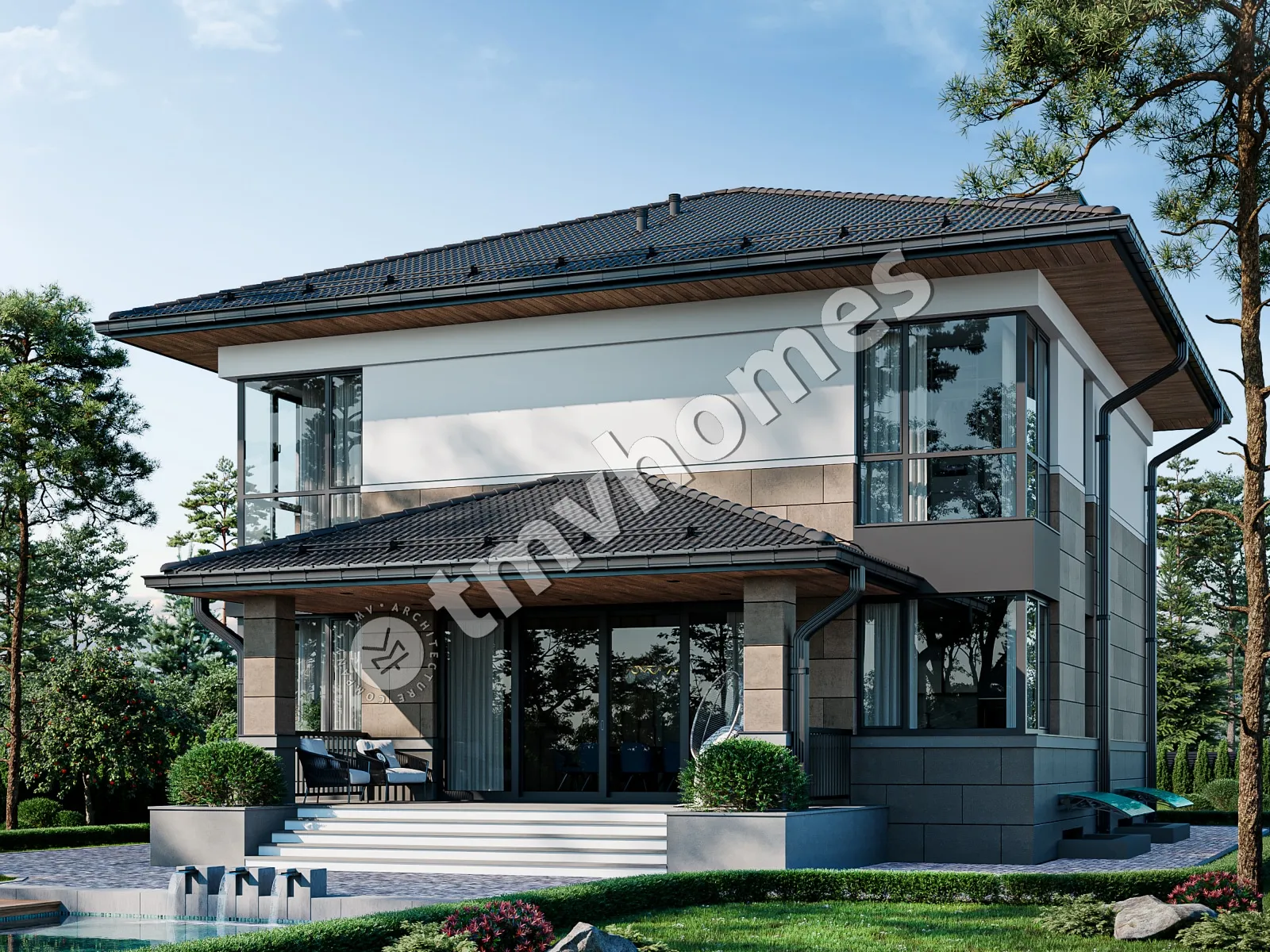 Dviejų aukštų namo projektas + rūsiu 341 m²: 3 Miegamieji, Darbo kambarys, 3 Vonios, Atvira virtuvė, be Garažo
