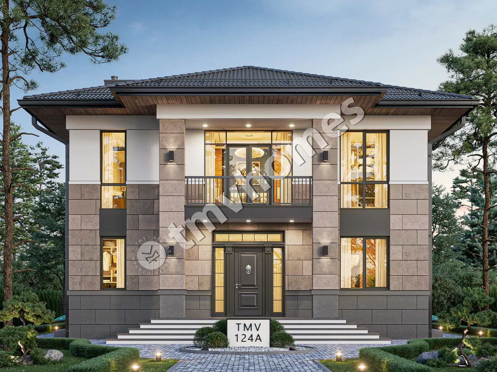 Dviejų aukštų namo projektas + rūsiu 341 m²: 3 Miegamieji, Darbo kambarys, 3 Vonios, Atvira virtuvė, be Garažo