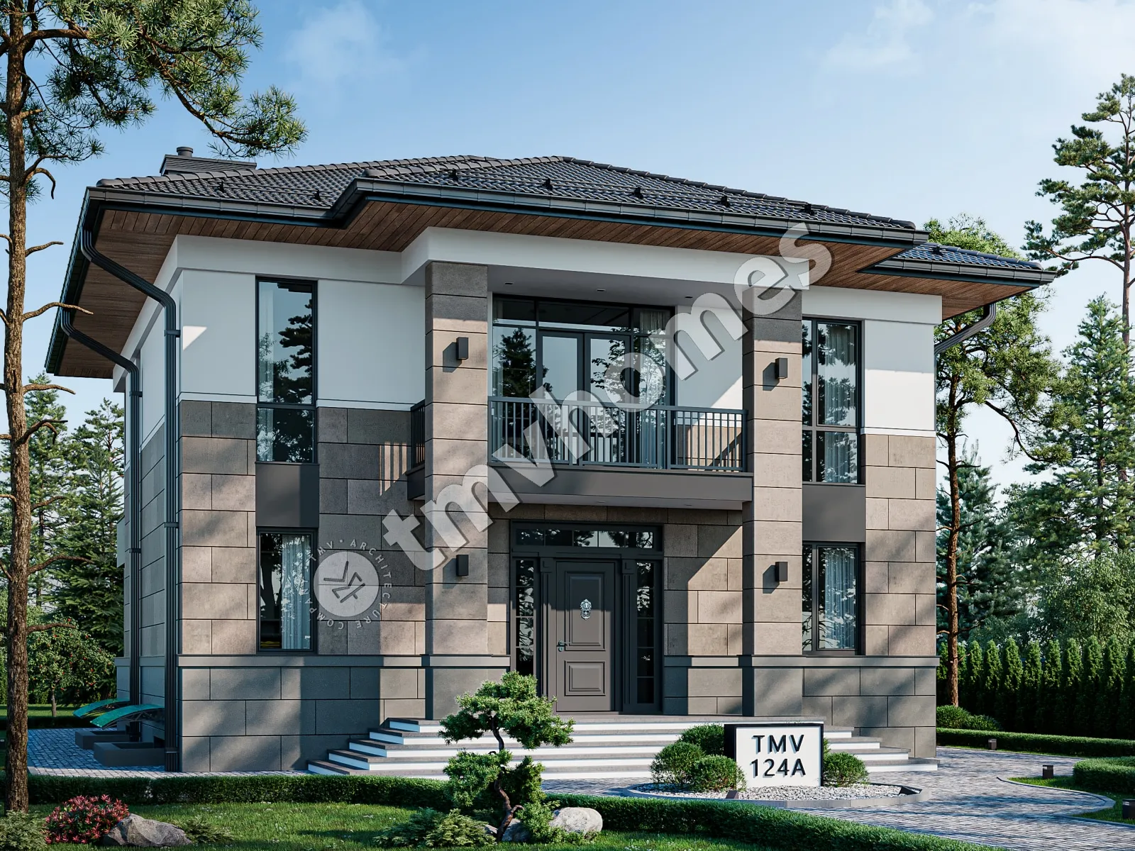 Dviejų aukštų namo projektas + rūsiu 341 m²: 3 Miegamieji, Darbo kambarys, 3 Vonios, Atvira virtuvė, be Garažo