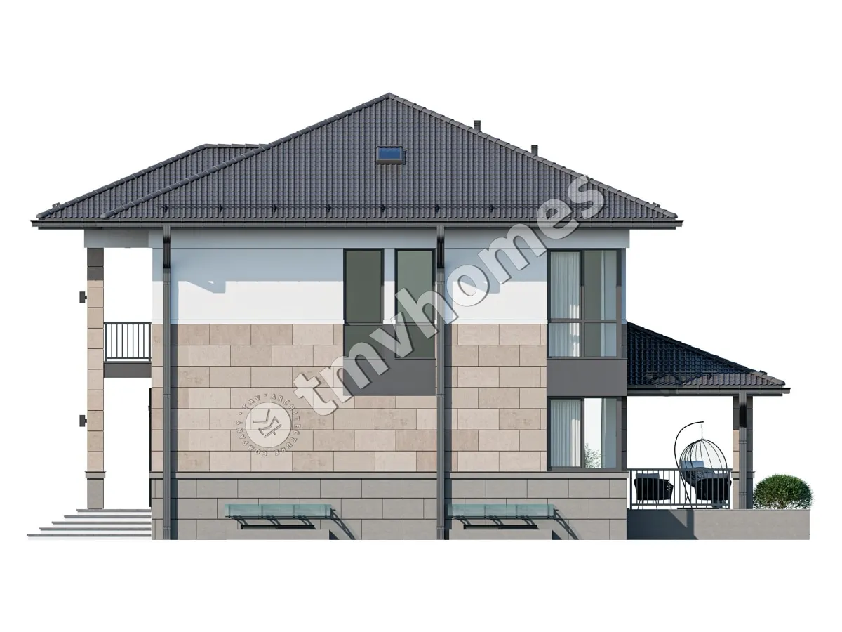 Dviejų aukštų namo projektas + rūsiu 341 m²: 3 Miegamieji, Darbo kambarys, 3 Vonios, Atvira virtuvė, be Garažo