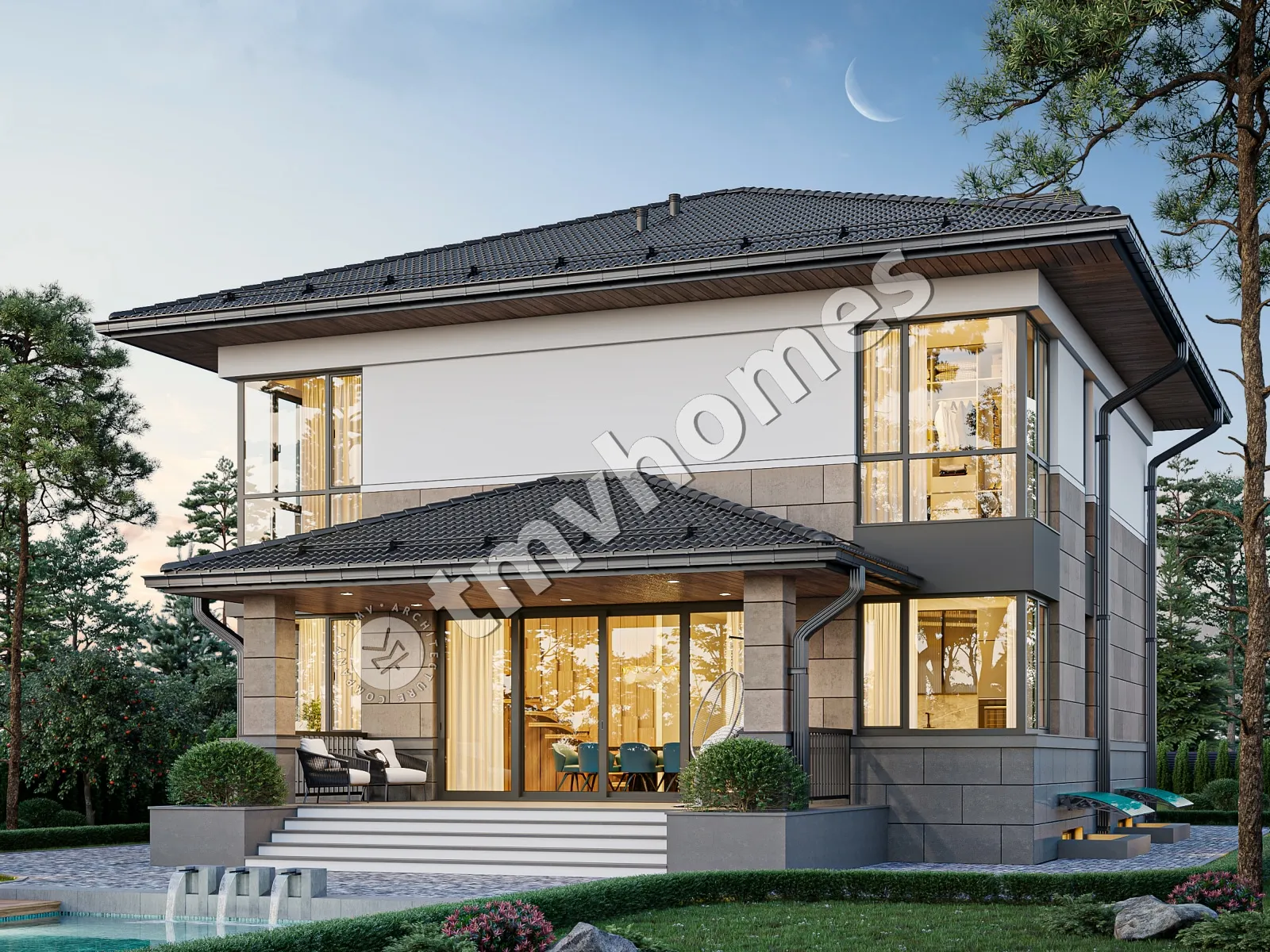 Dviejų aukštų namo projektas + rūsiu 341 m²: 3 Miegamieji, Darbo kambarys, 3 Vonios, Atvira virtuvė, be Garažo