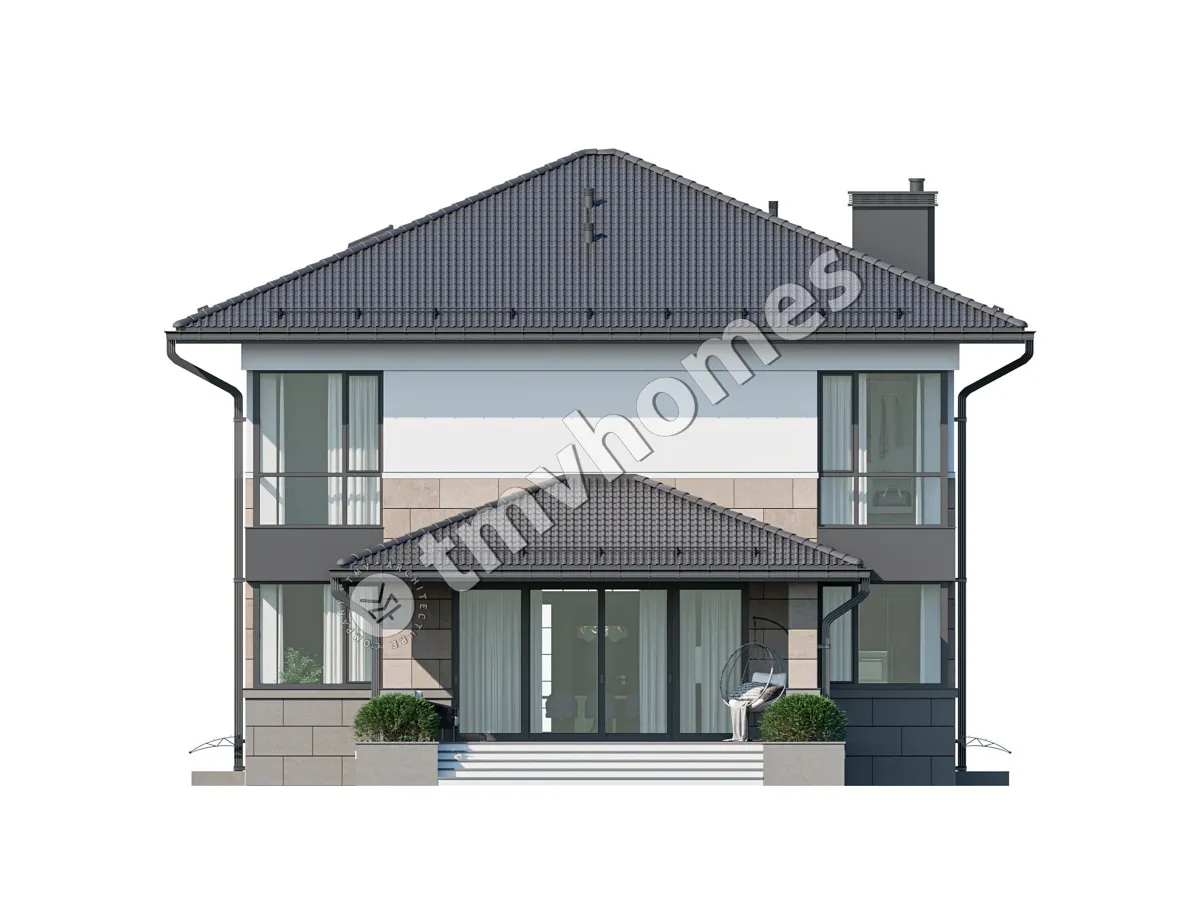 Dviejų aukštų namo projektas + rūsiu 341 m²: 3 Miegamieji, Darbo kambarys, 3 Vonios, Atvira virtuvė, be Garažo