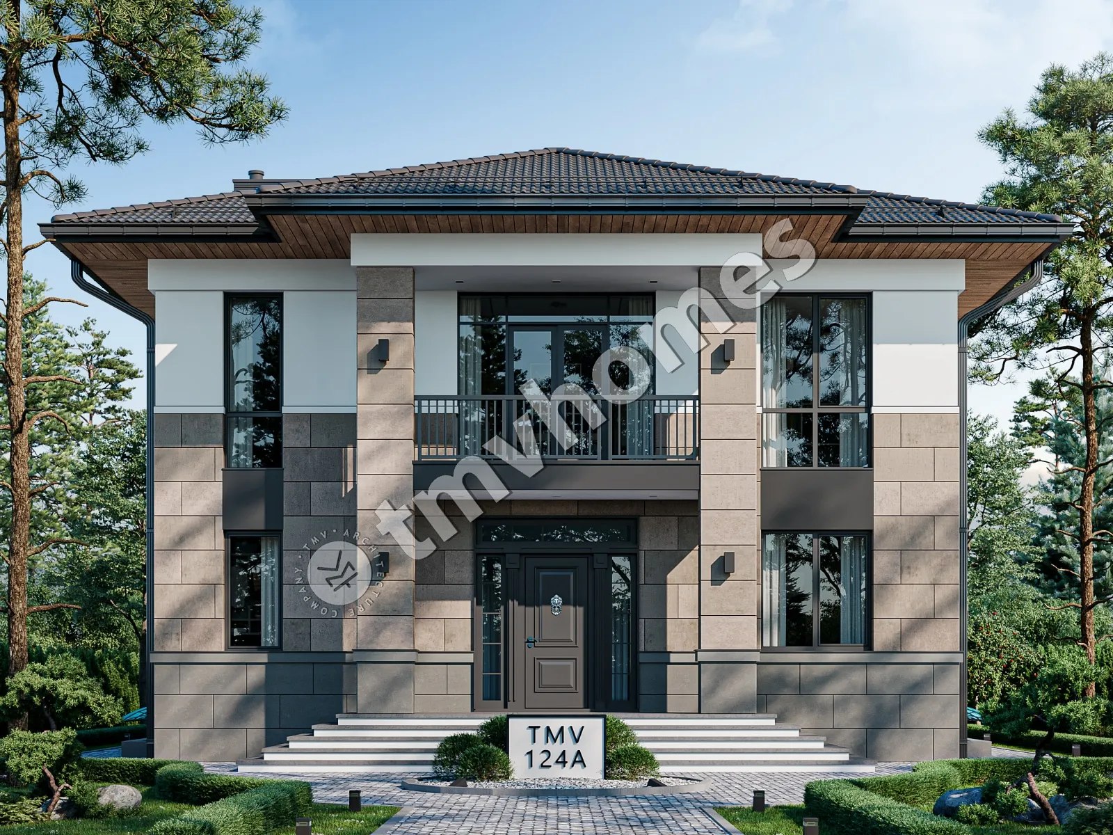 Dviejų aukštų namo projektas + rūsiu 341 m²: 3 Miegamieji, Darbo kambarys, 3 Vonios, Atvira virtuvė, be Garažo
