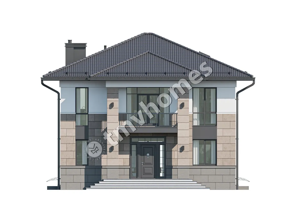 Dviejų aukštų namo projektas + rūsiu 341 m²: 3 Miegamieji, Darbo kambarys, 3 Vonios, Atvira virtuvė, be Garažo