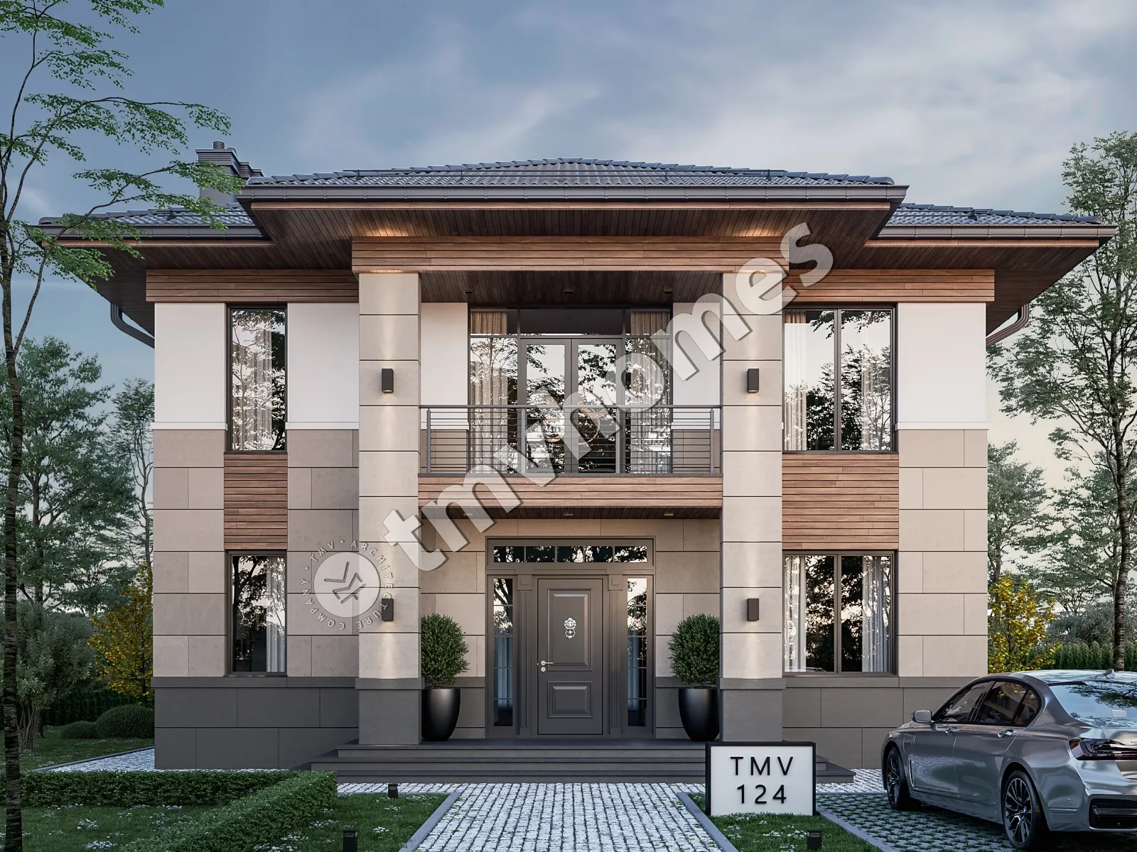 Dviejų aukštų namo projektas 231 m²: 3 Miegamieji, Darbo kambarys, 3 Vonios, Atvira virtuvė, be Garažo