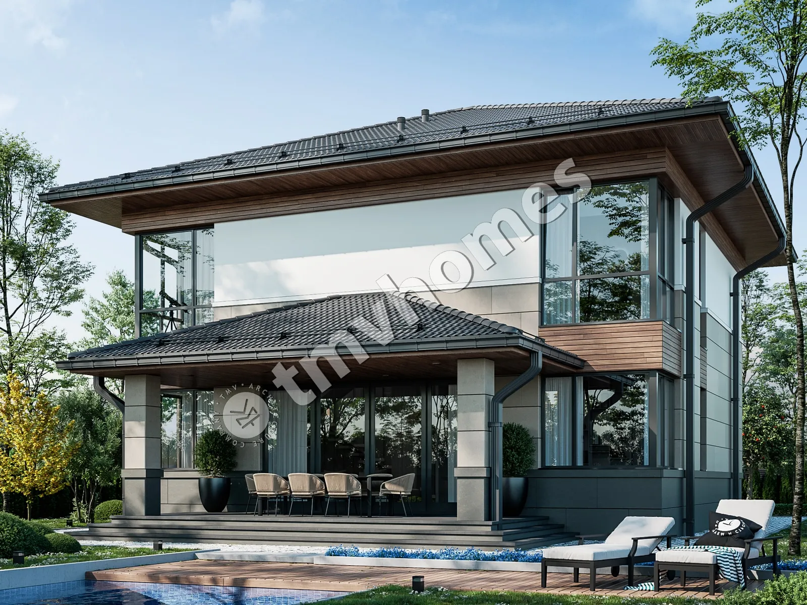 Dviejų aukštų namo projektas 231 m²: 3 Miegamieji, Darbo kambarys, 3 Vonios, Atvira virtuvė, be Garažo