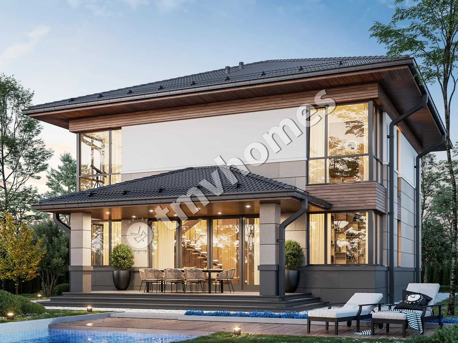 Dviejų aukštų namo projektas 231 m²: 3 Miegamieji, Darbo kambarys, 3 Vonios, Atvira virtuvė, be Garažo