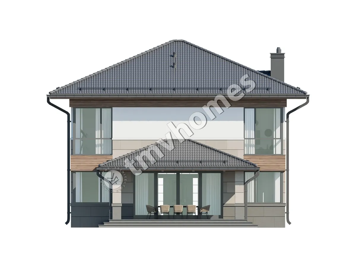 Dviejų aukštų namo projektas 231 m²: 3 Miegamieji, Darbo kambarys, 3 Vonios, Atvira virtuvė, be Garažo