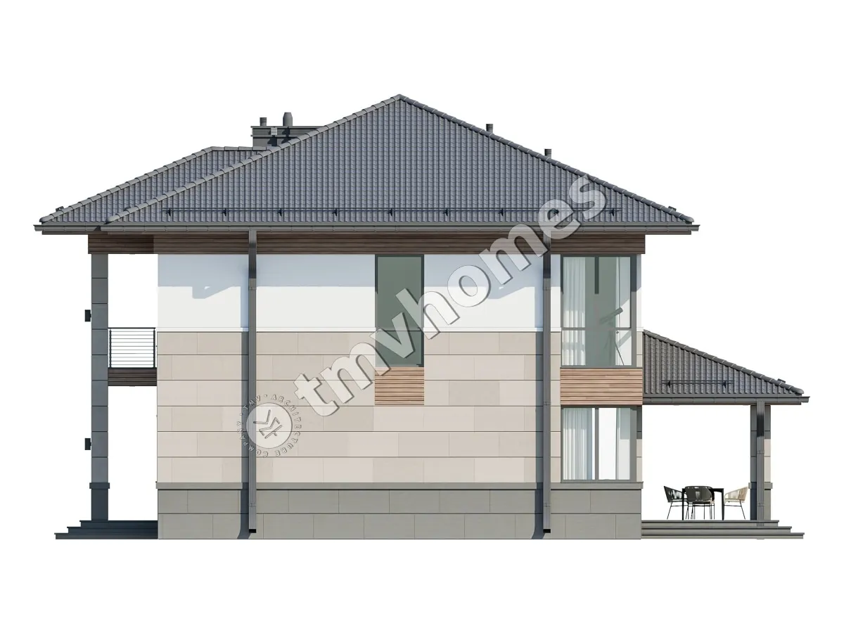 Dviejų aukštų namo projektas 231 m²: 3 Miegamieji, Darbo kambarys, 3 Vonios, Atvira virtuvė, be Garažo