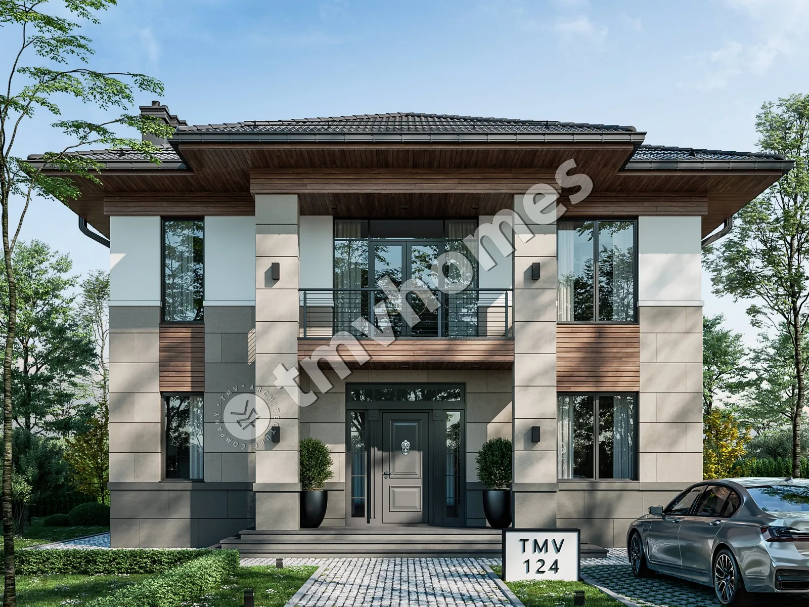Dviejų aukštų namo projektas 231 m²: 3 Miegamieji, Darbo kambarys, 3 Vonios, Atvira virtuvė, be Garažo