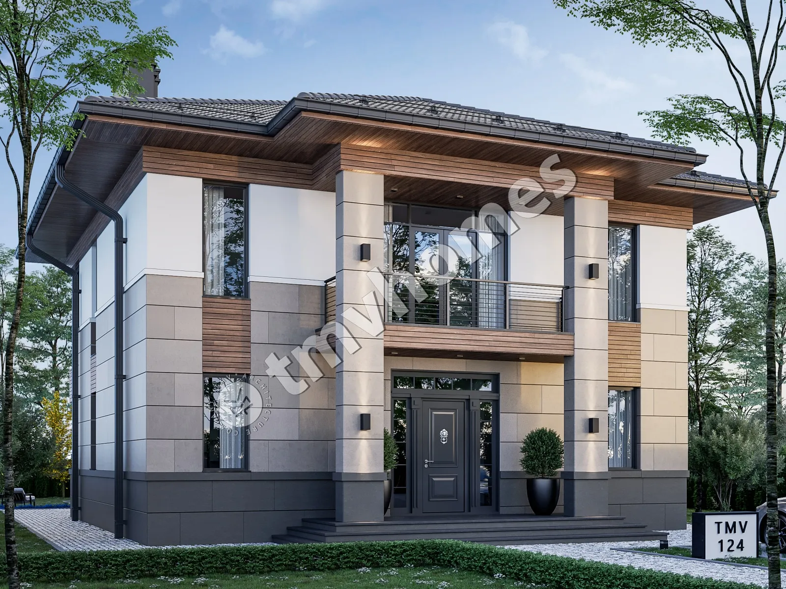 Dviejų aukštų namo projektas 231 m²: 3 Miegamieji, Darbo kambarys, 3 Vonios, Atvira virtuvė, be Garažo