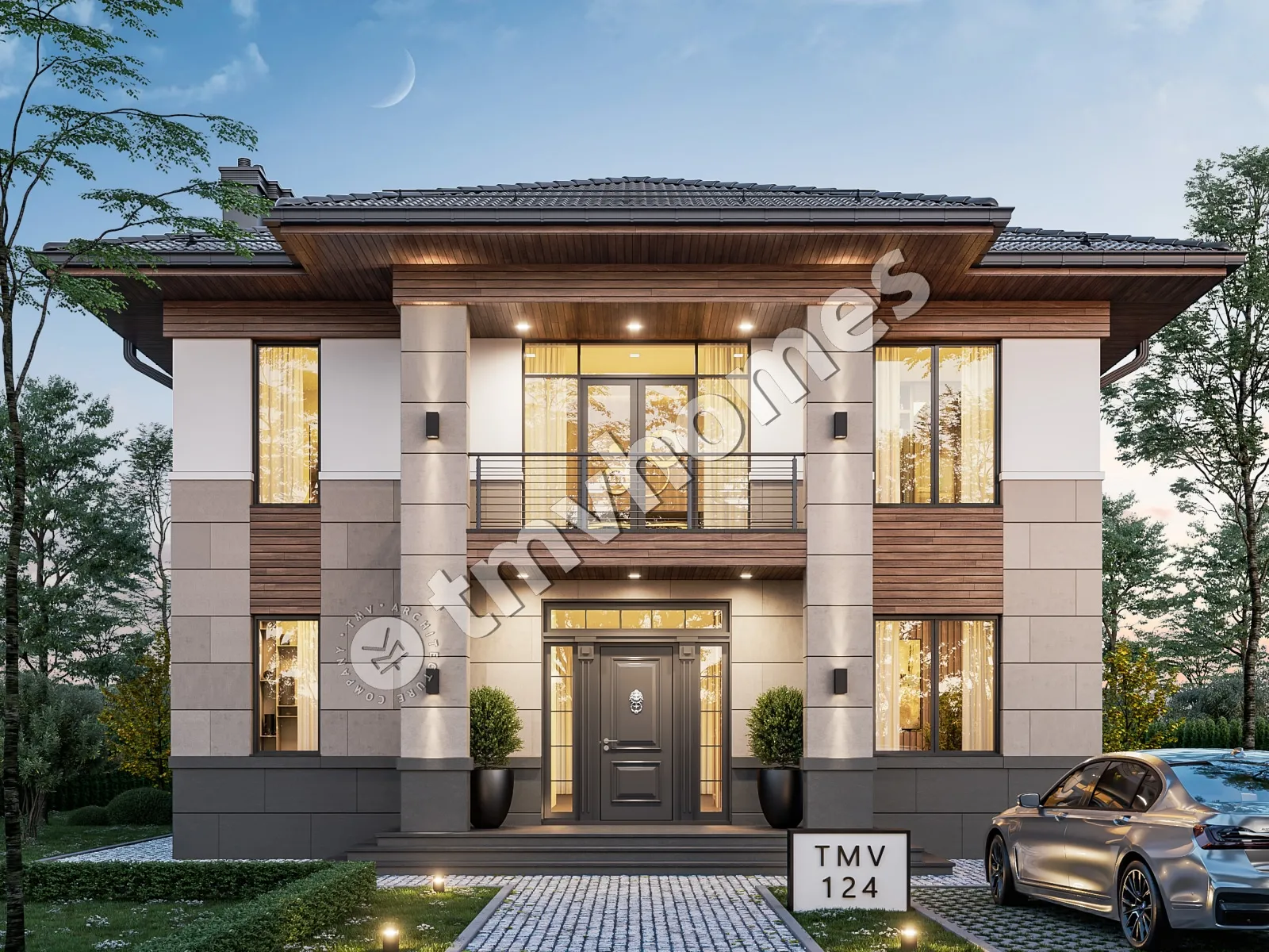 Dviejų aukštų namo projektas 231 m²: 3 Miegamieji, Darbo kambarys, 3 Vonios, Atvira virtuvė, be Garažo