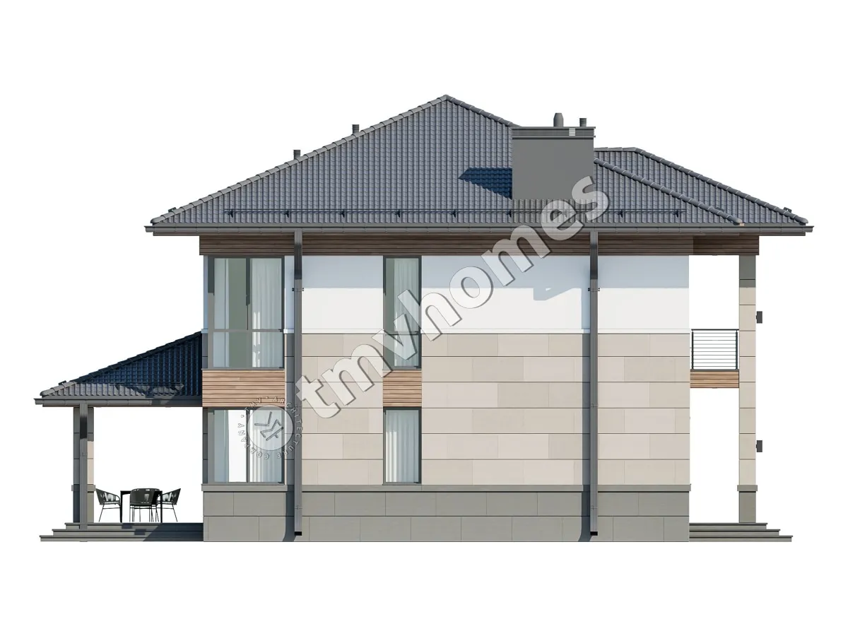 Dviejų aukštų namo projektas 231 m²: 3 Miegamieji, Darbo kambarys, 3 Vonios, Atvira virtuvė, be Garažo