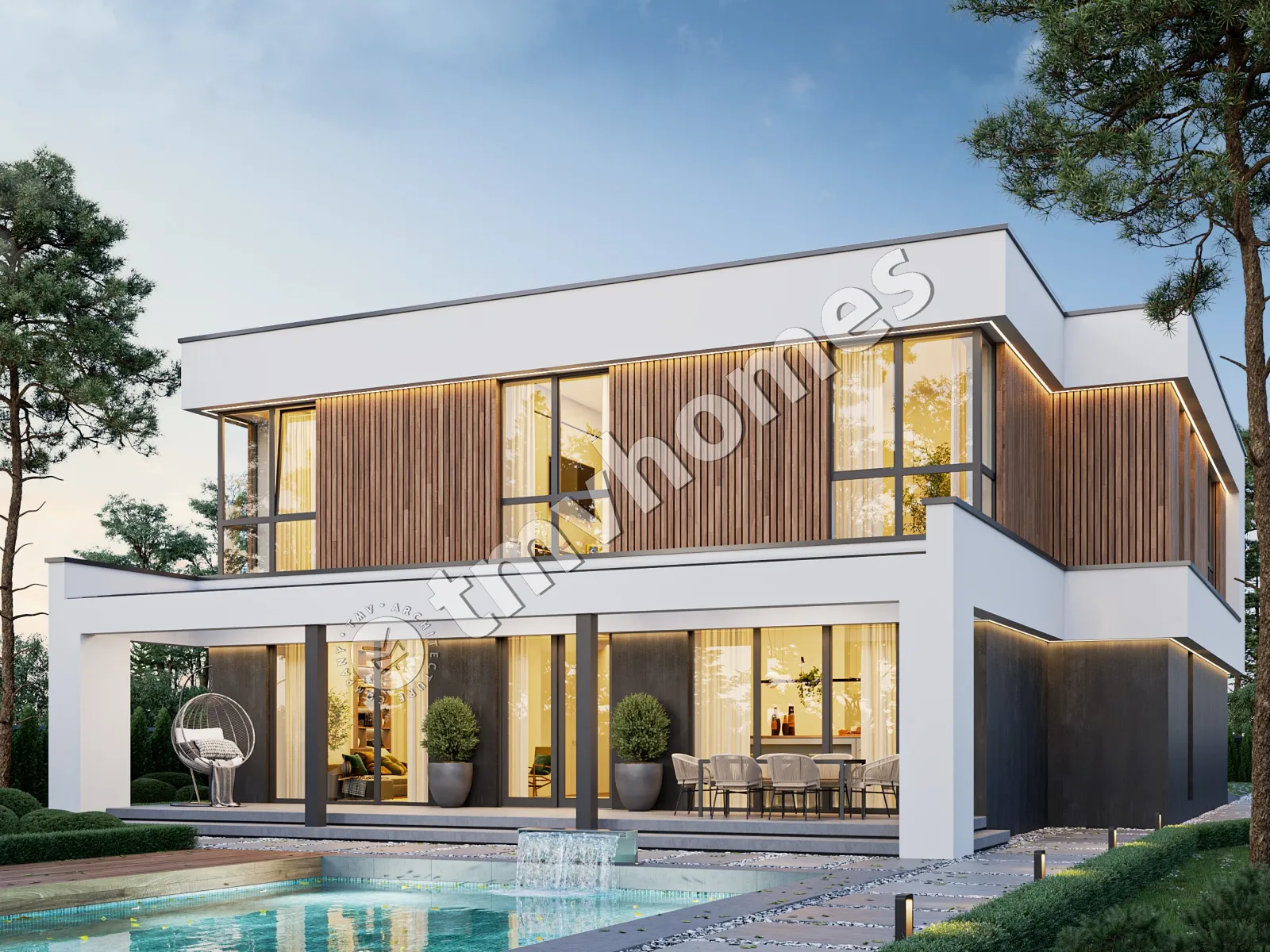 Dviejų aukštų namo projektas 337 m²: 4 Miegamieji, Darbo kambarys, 3 Vonios, Atvira virtuvė, Garažas