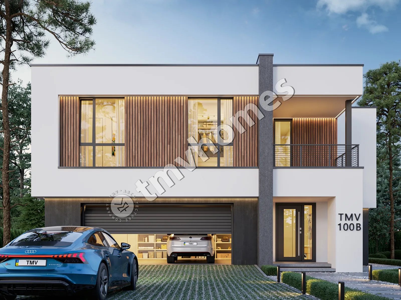 Dviejų aukštų namo projektas 337 m²: 4 Miegamieji, Darbo kambarys, 3 Vonios, Atvira virtuvė, Garažas