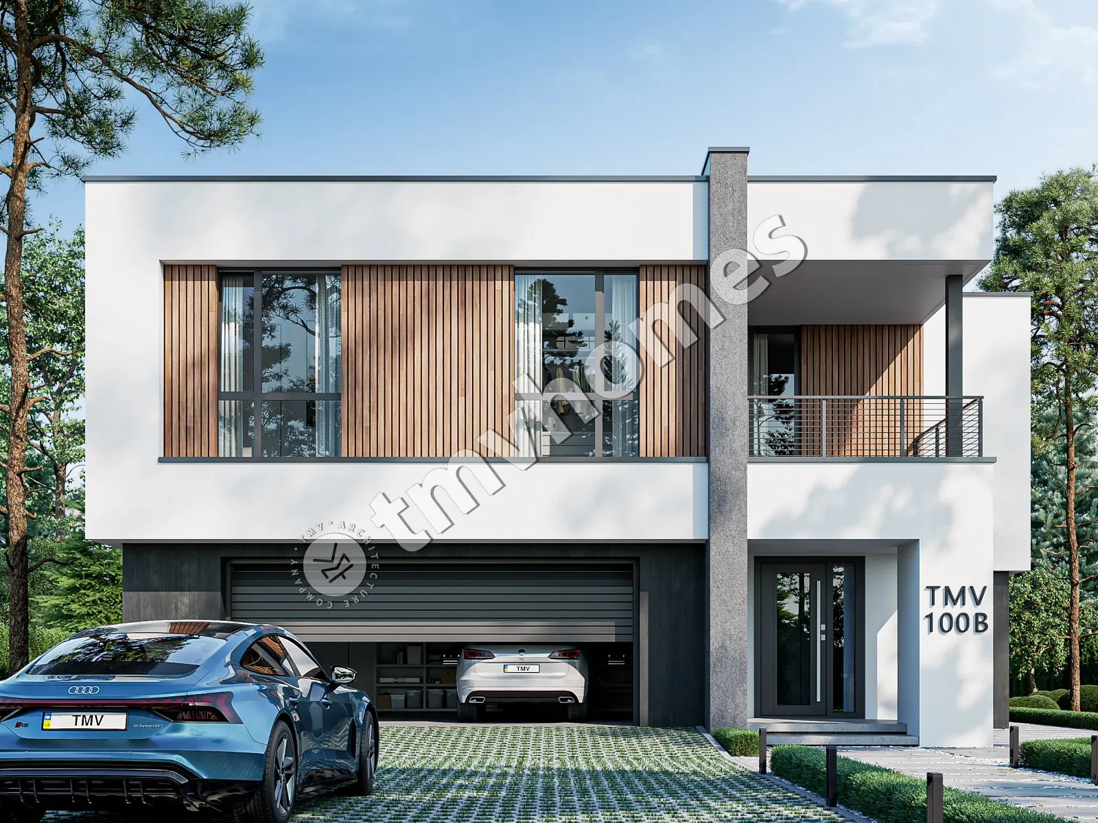 Dviejų aukštų namo projektas 337 m²: 4 Miegamieji, Darbo kambarys, 3 Vonios, Atvira virtuvė, Garažas