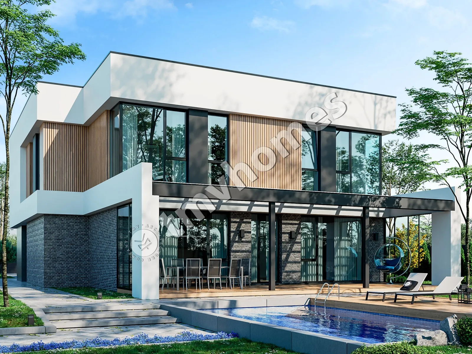 Dviejų aukštų namo projektas 252 m²: 3 Miegamieji, Darbo kambarys, 3 Vonios, Atvira virtuvė, be Garažo
