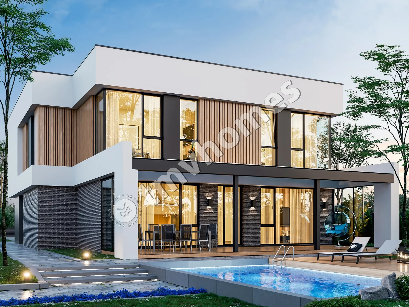Dviejų aukštų namo projektas 252 m²: 3 Miegamieji, Darbo kambarys, 3 Vonios, Atvira virtuvė, be Garažo