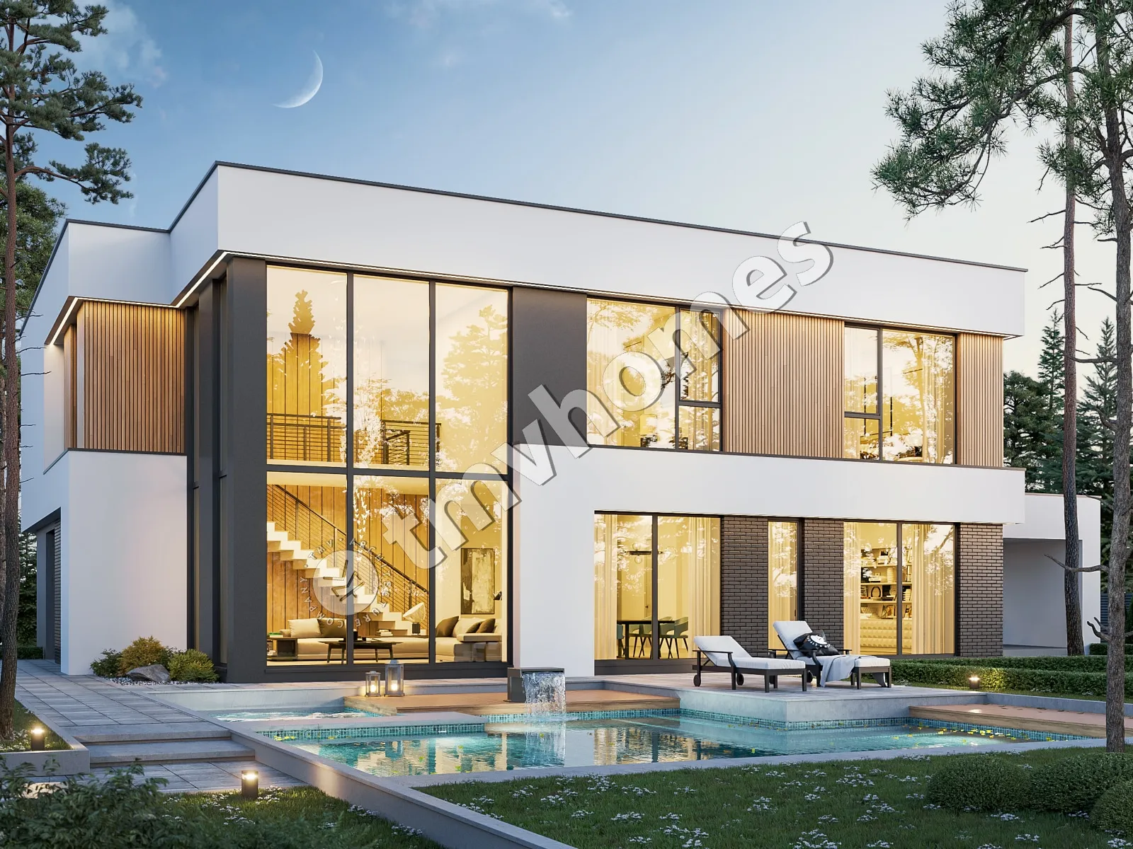 Dviejų aukštų namo projektas 363 m²: 5 Miegamieji, 4 Vonios, Atvira virtuvė, be Garažo