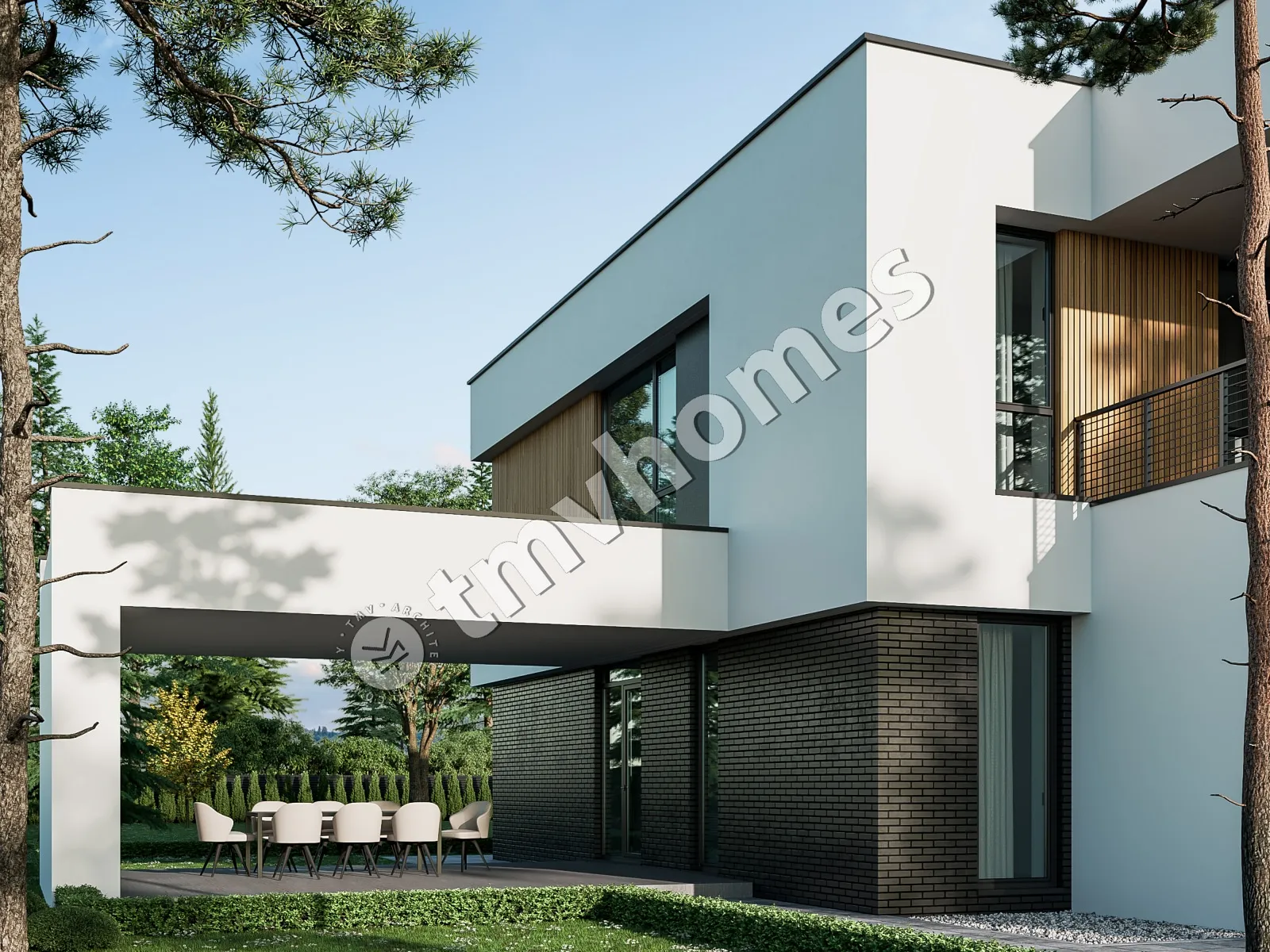 Dviejų aukštų namo projektas 363 m²: 5 Miegamieji, 4 Vonios, Atvira virtuvė, be Garažo