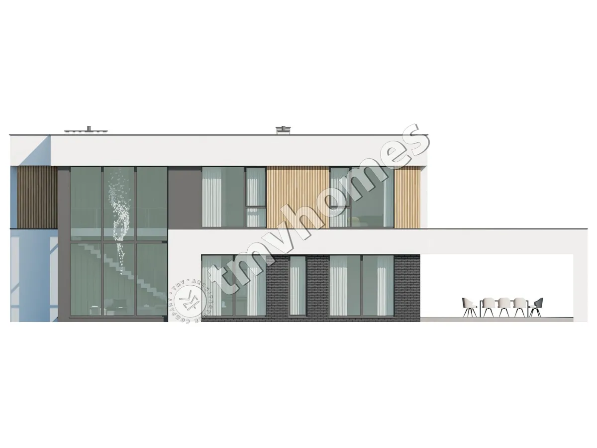 Dviejų aukštų namo projektas 363 m²: 5 Miegamieji, 4 Vonios, Atvira virtuvė, be Garažo