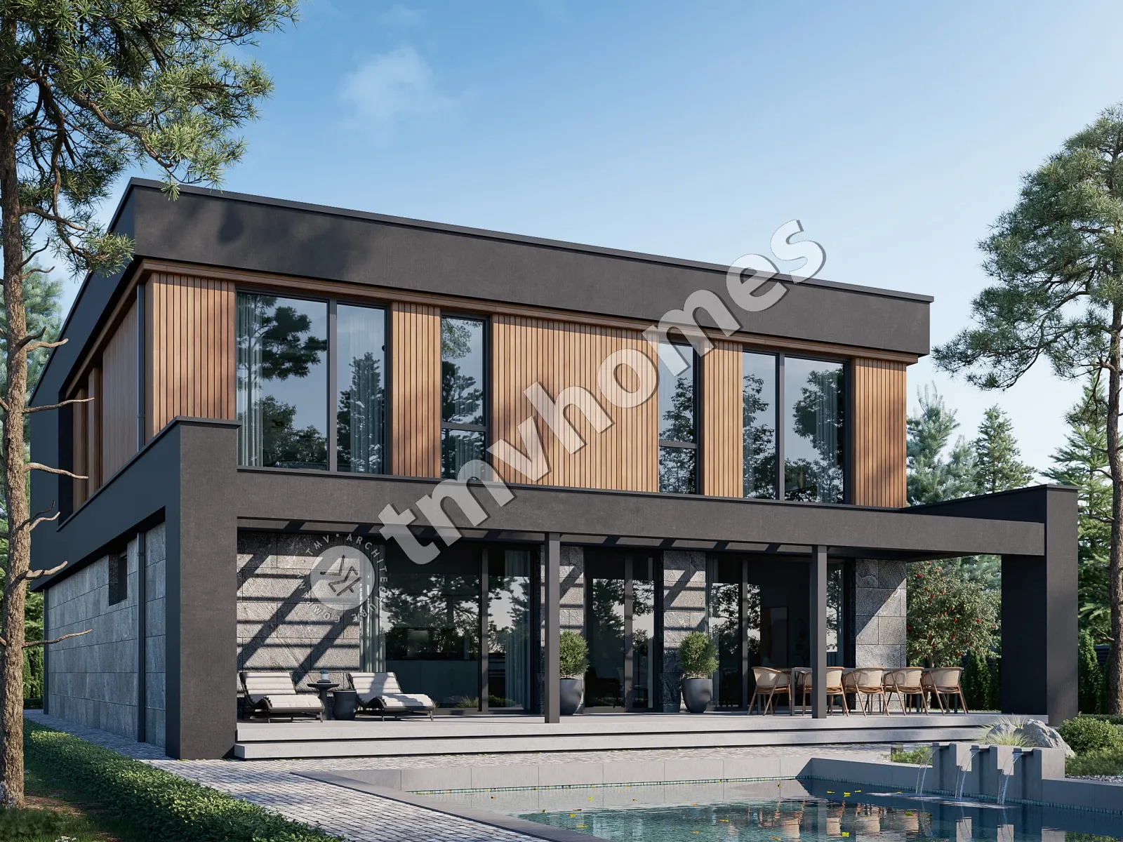 Dviejų aukštų namo projektas 331 m²: 3 Miegamieji, Darbo kambarys, 3 Vonios, Atvira virtuvė, Garažas