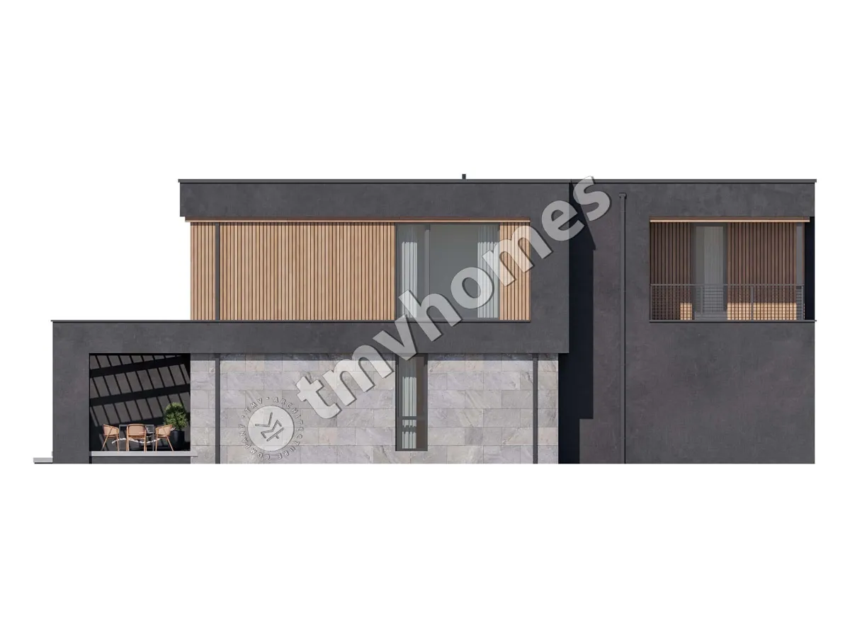 Dviejų aukštų namo projektas 331 m²: 3 Miegamieji, Darbo kambarys, 3 Vonios, Atvira virtuvė, Garažas