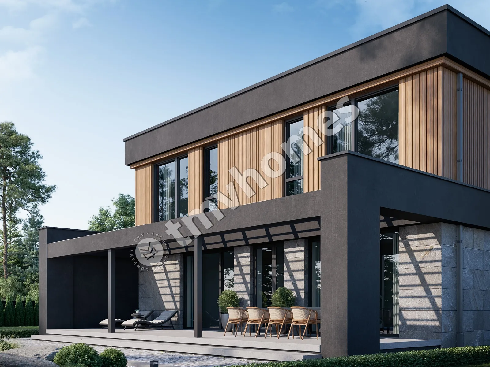 Dviejų aukštų namo projektas 331 m²: 3 Miegamieji, Darbo kambarys, 3 Vonios, Atvira virtuvė, Garažas