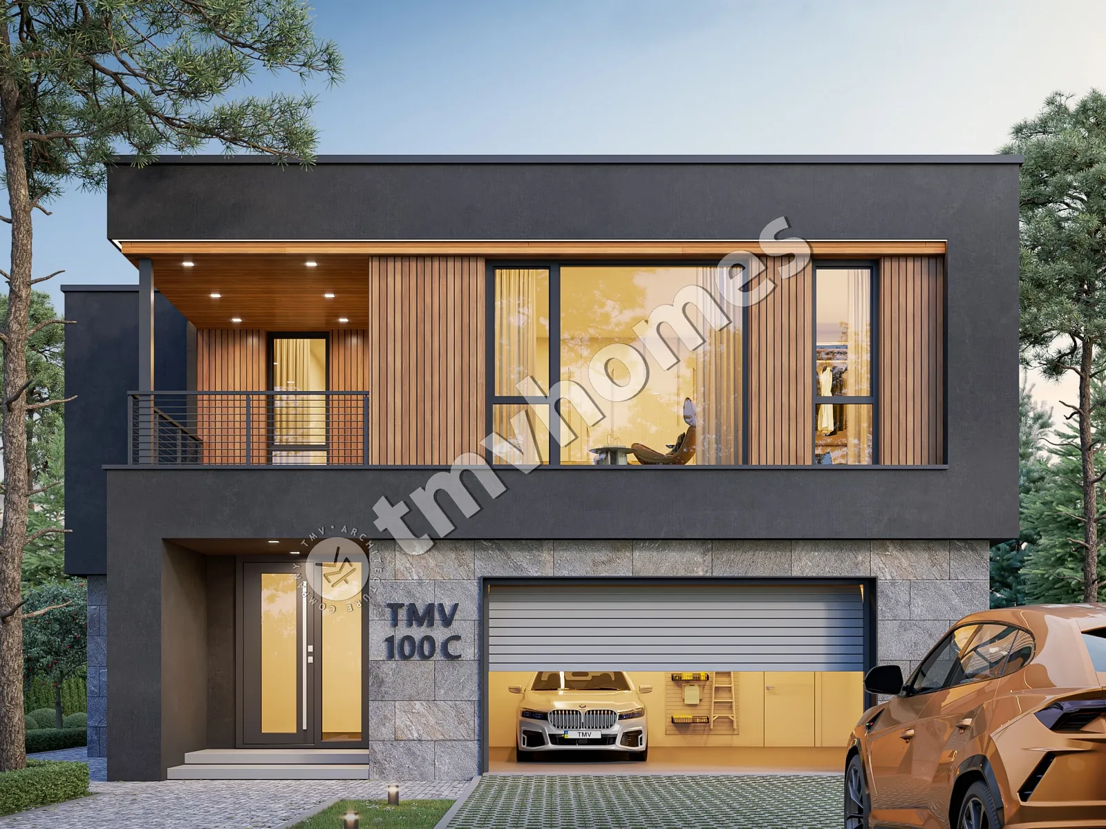 Dviejų aukštų namo projektas 331 m²: 3 Miegamieji, Darbo kambarys, 3 Vonios, Atvira virtuvė, Garažas