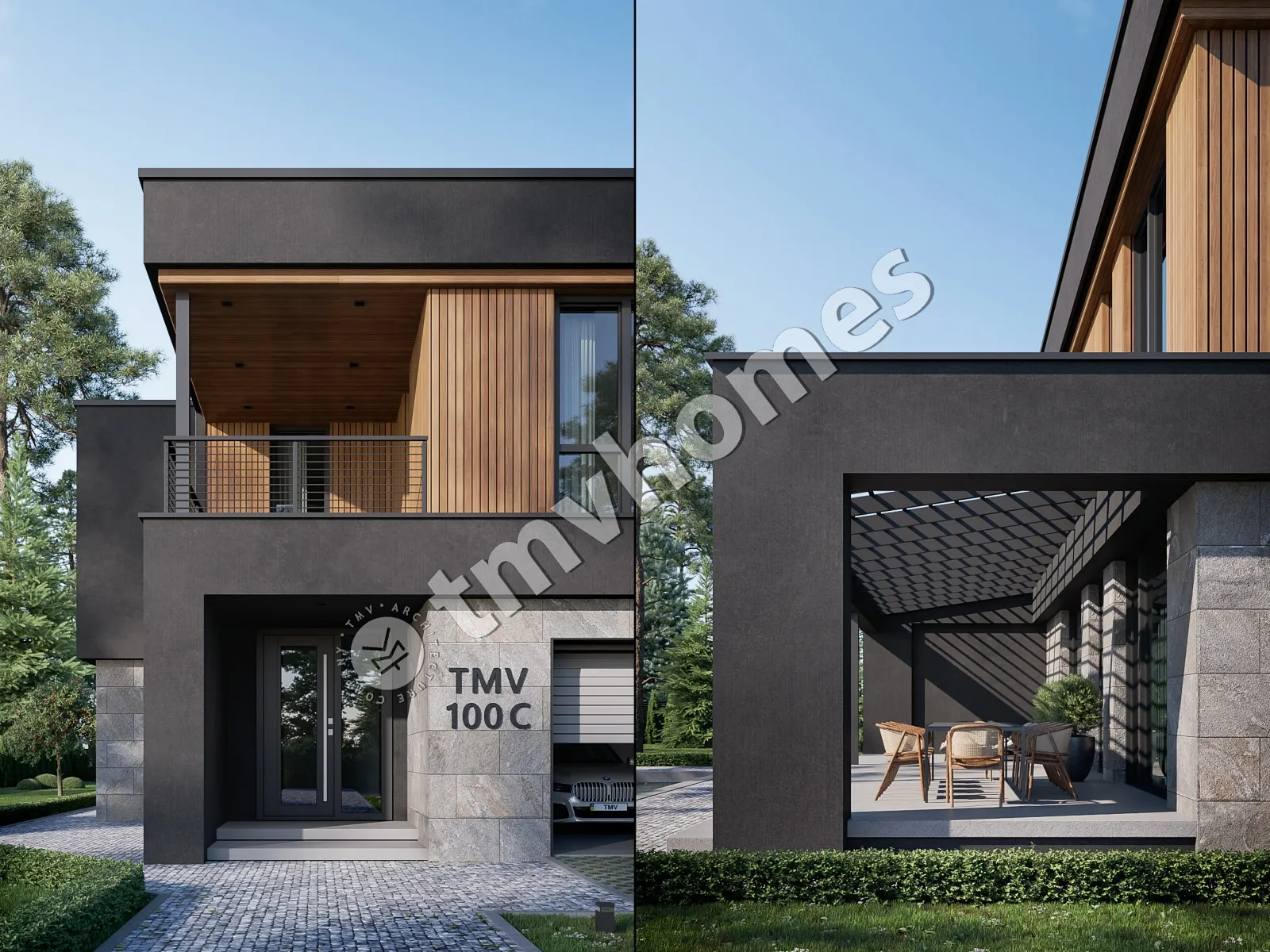 Dviejų aukštų namo projektas 331 m²: 3 Miegamieji, Darbo kambarys, 3 Vonios, Atvira virtuvė, Garažas
