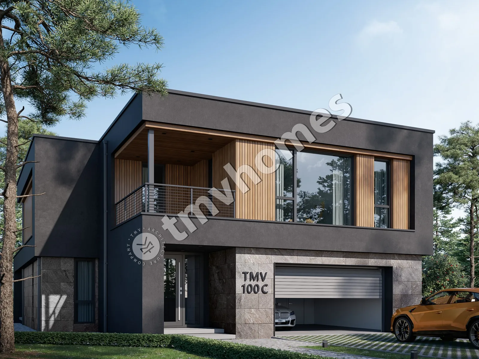 Dviejų aukštų namo projektas 331 m²: 3 Miegamieji, Darbo kambarys, 3 Vonios, Atvira virtuvė, Garažas