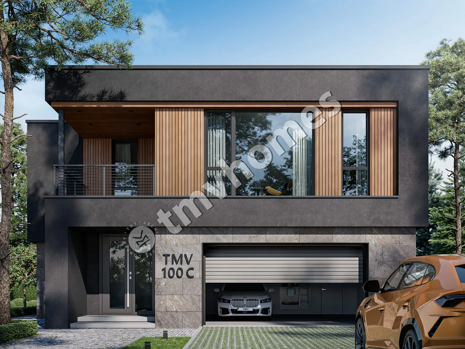 Dviejų aukštų namo projektas 331 m²: 3 Miegamieji, Darbo kambarys, 3 Vonios, Atvira virtuvė, Garažas