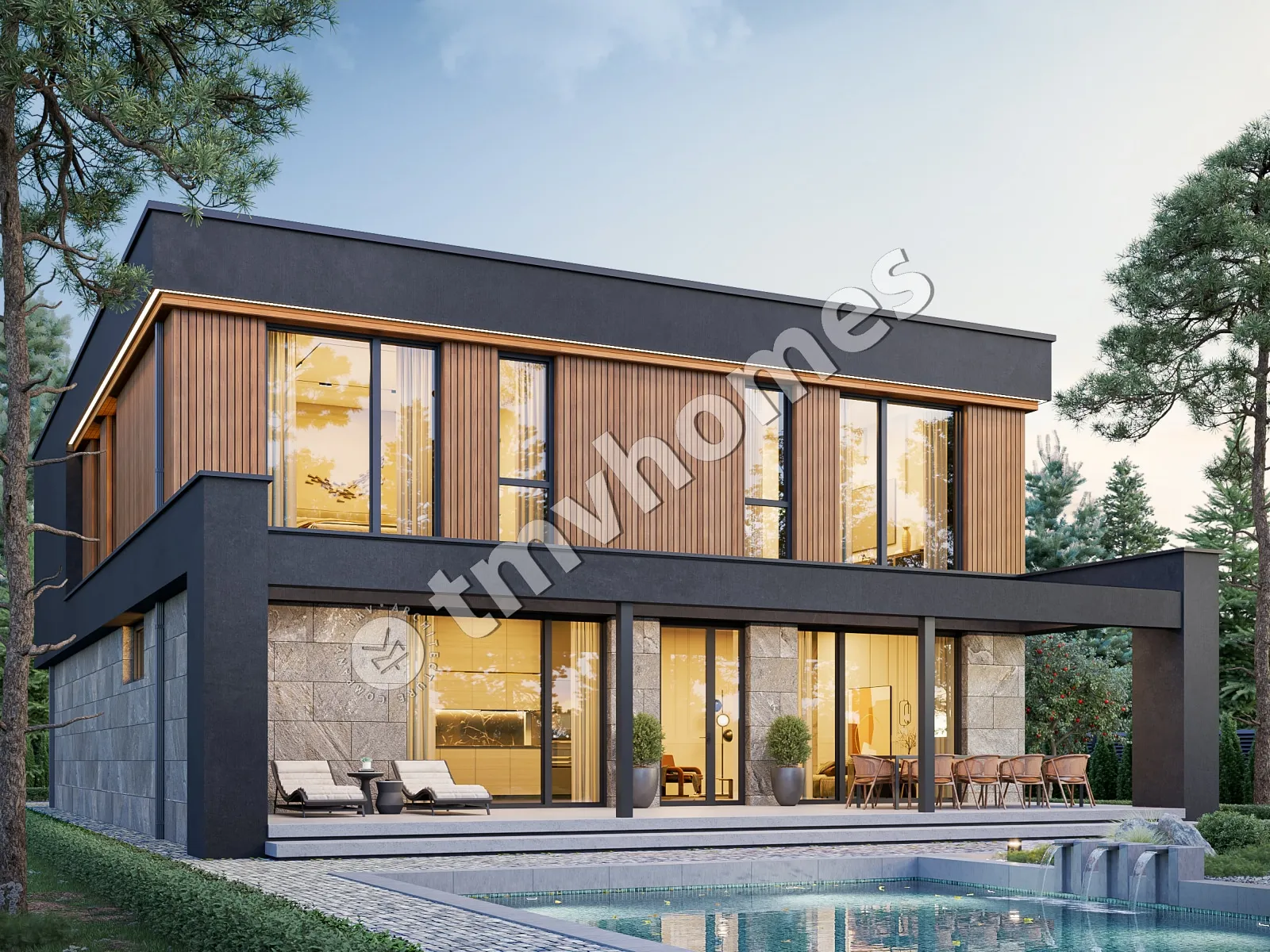 Dviejų aukštų namo projektas 331 m²: 3 Miegamieji, Darbo kambarys, 3 Vonios, Atvira virtuvė, Garažas