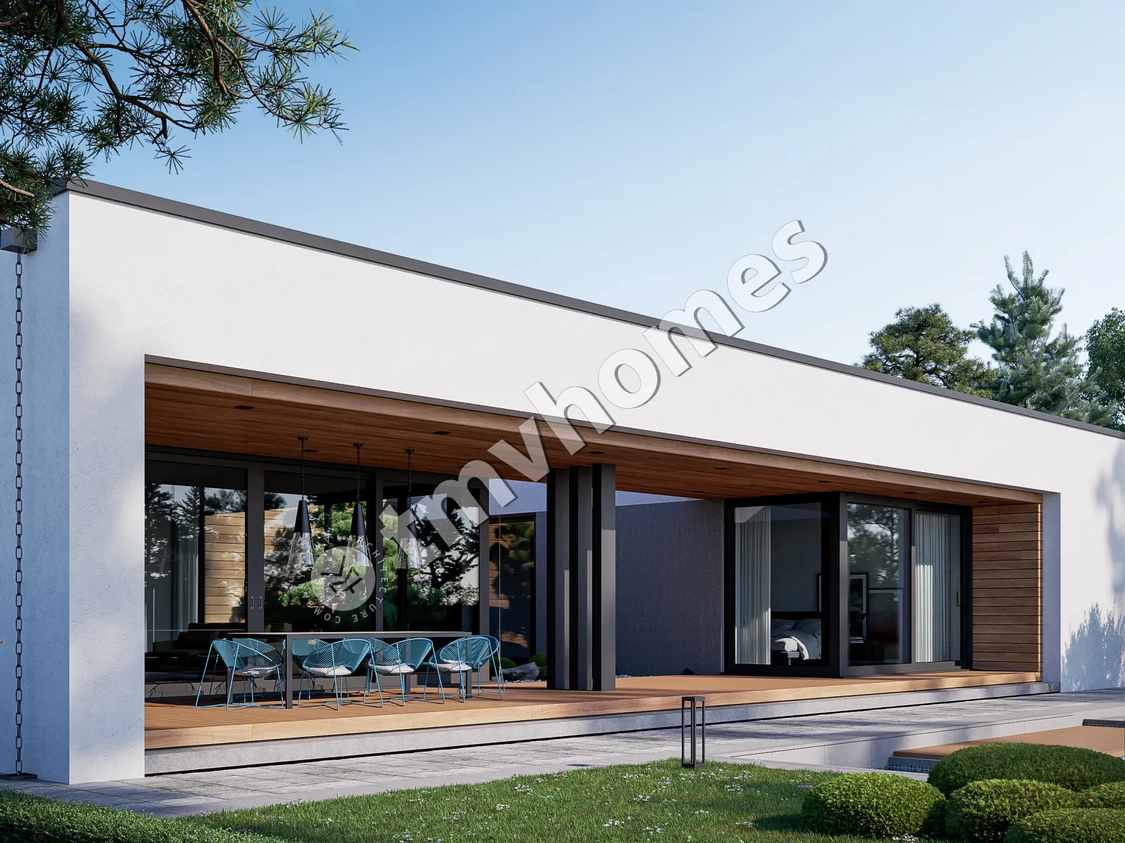 Vieno aukšto namo projektas 243 m²: 4 Miegamieji, 5 Vonios, Atvira virtuvė, be Garažo