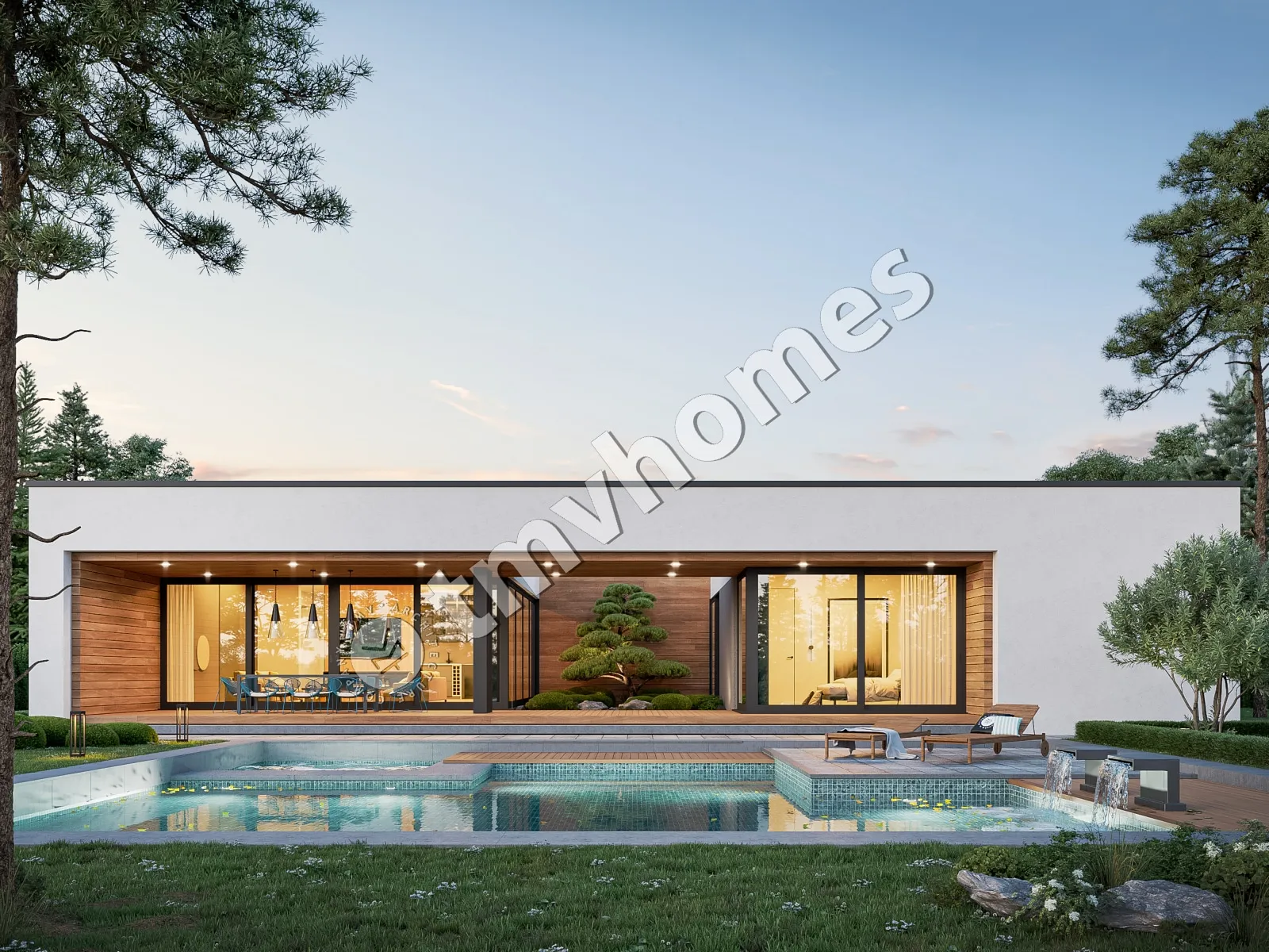 Vieno aukšto namo projektas 243 m²: 4 Miegamieji, 5 Vonios, Atvira virtuvė, be Garažo