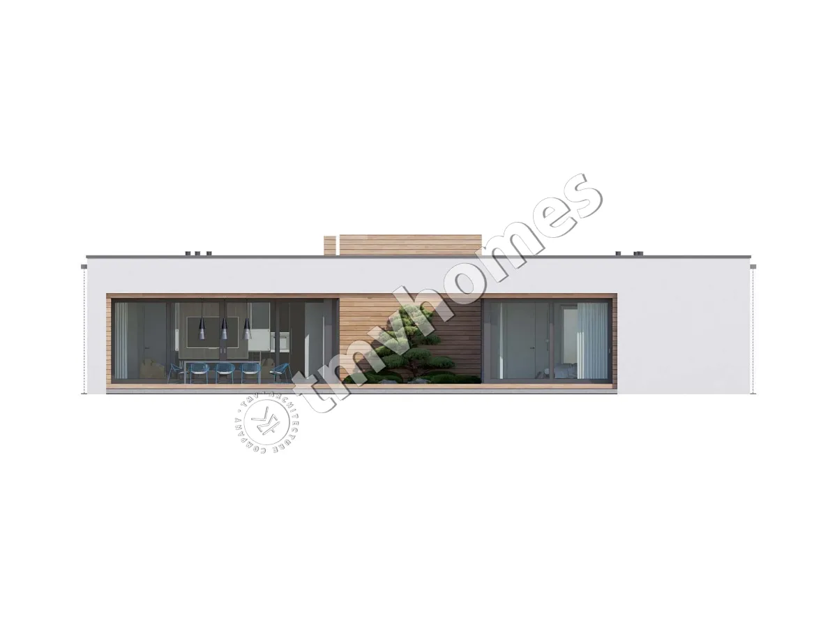 Vieno aukšto namo projektas 243 m²: 4 Miegamieji, 5 Vonios, Atvira virtuvė, be Garažo