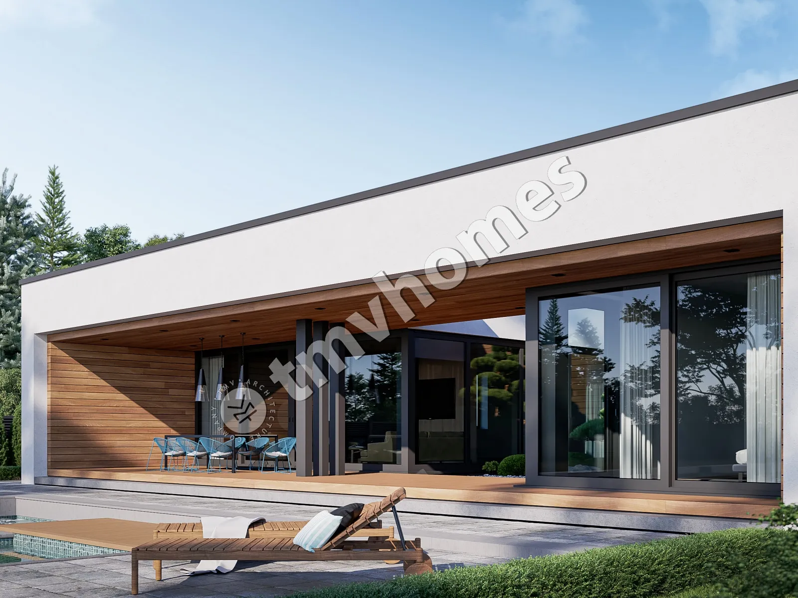 Vieno aukšto namo projektas 243 m²: 4 Miegamieji, 5 Vonios, Atvira virtuvė, be Garažo