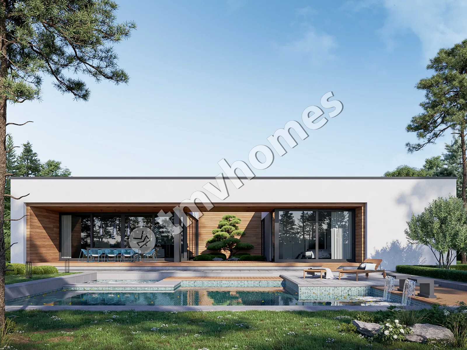 Vieno aukšto namo projektas 243 m²: 4 Miegamieji, 5 Vonios, Atvira virtuvė, be Garažo