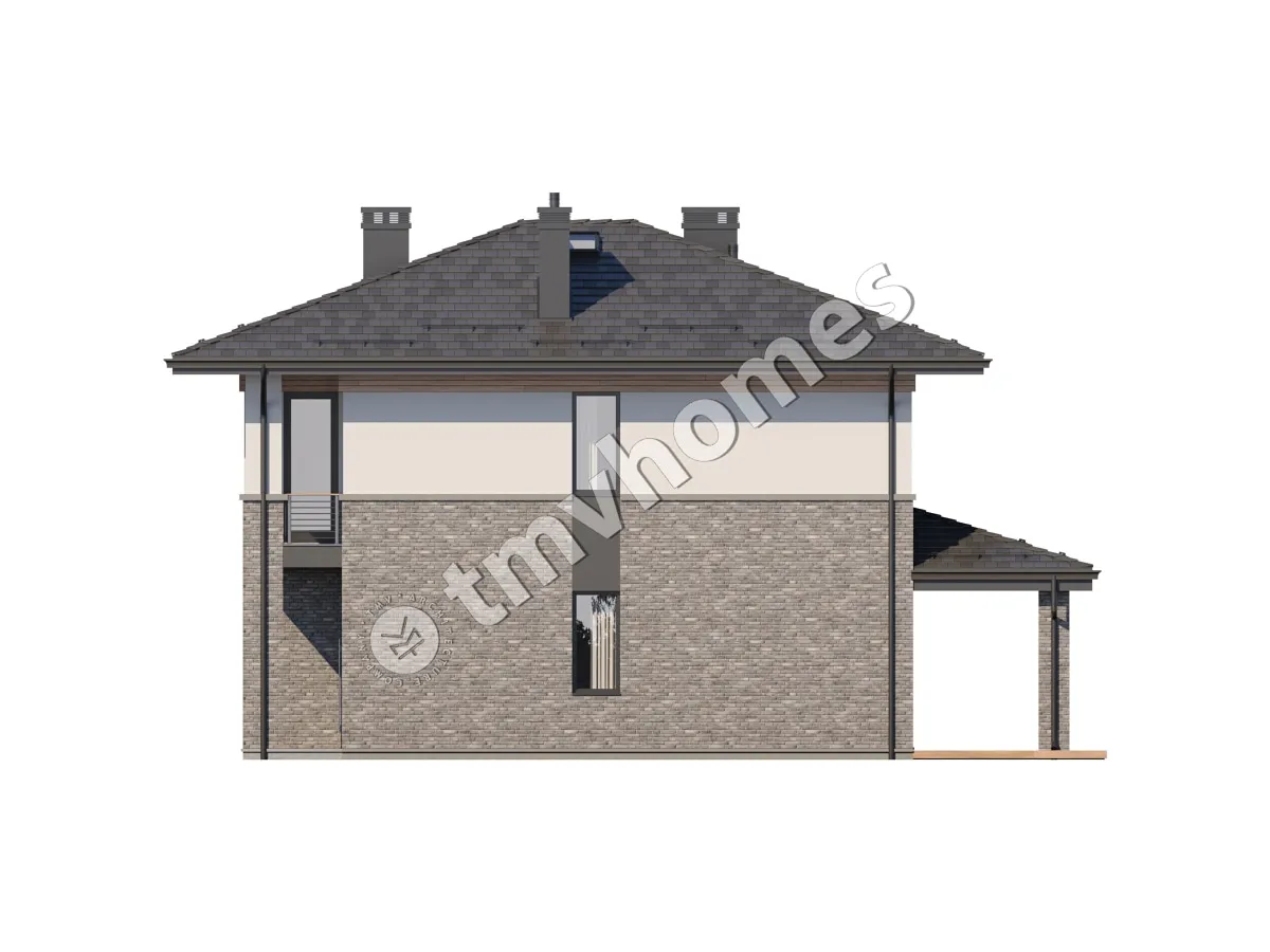 Dviejų aukštų namo projektas 175 m²: 3 Miegamieji, Darbo kambarys, 3 Vonios, Atvira virtuvė, be Garažo