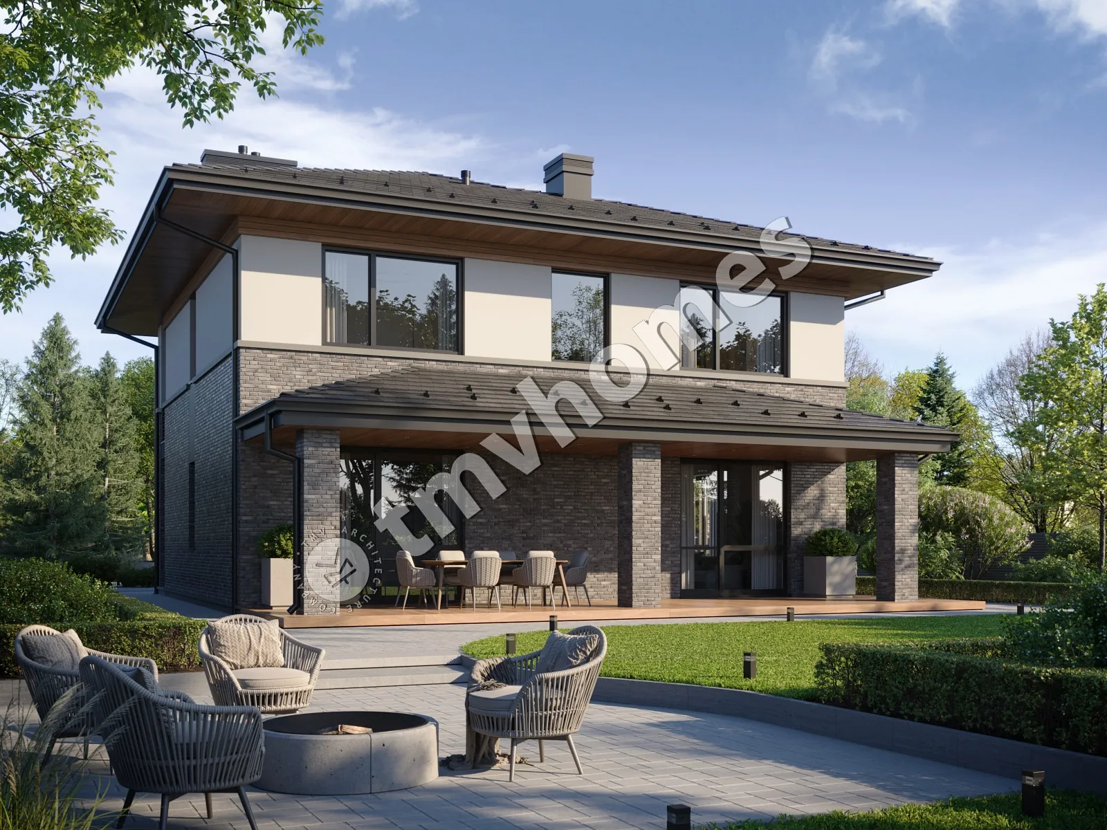 Dviejų aukštų namo projektas 175 m²: 3 Miegamieji, Darbo kambarys, 3 Vonios, Atvira virtuvė, be Garažo