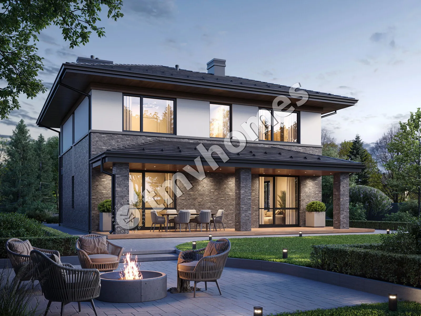 Dviejų aukštų namo projektas 175 m²: 3 Miegamieji, Darbo kambarys, 3 Vonios, Atvira virtuvė, be Garažo