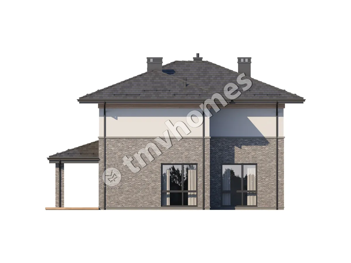 Dviejų aukštų namo projektas 175 m²: 3 Miegamieji, Darbo kambarys, 3 Vonios, Atvira virtuvė, be Garažo