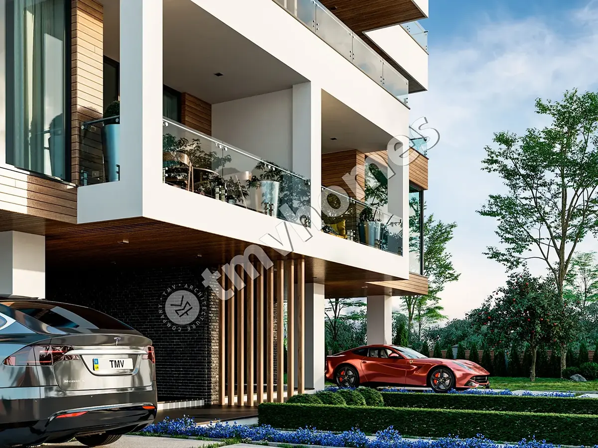 Modernus trijų aukštų dvibučio namo projektas su dideliais langais ir stogo terasa – 126 m² m2 kiekviename būste