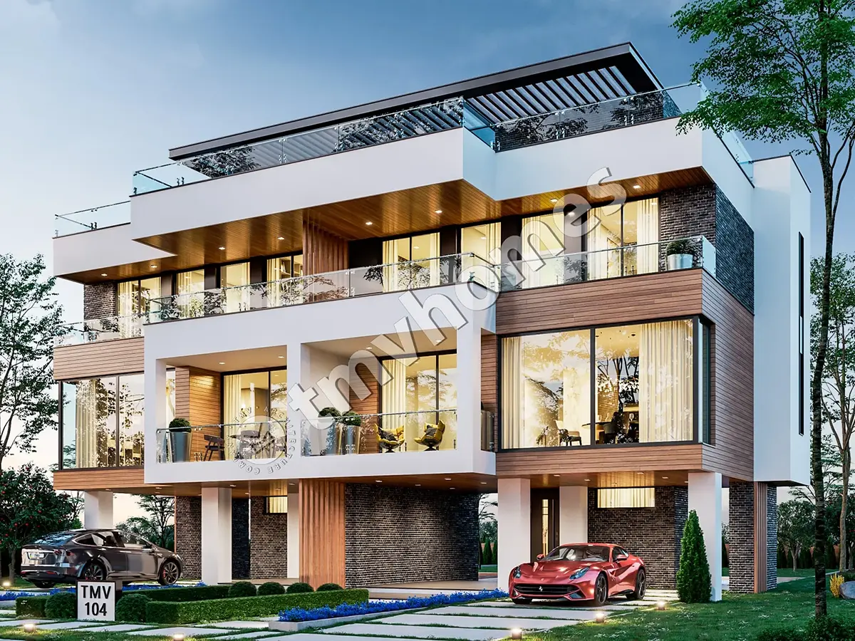 Modernus trijų aukštų dvibučio namo projektas su dideliais langais ir stogo terasa – 126 m² m2 kiekviename būste